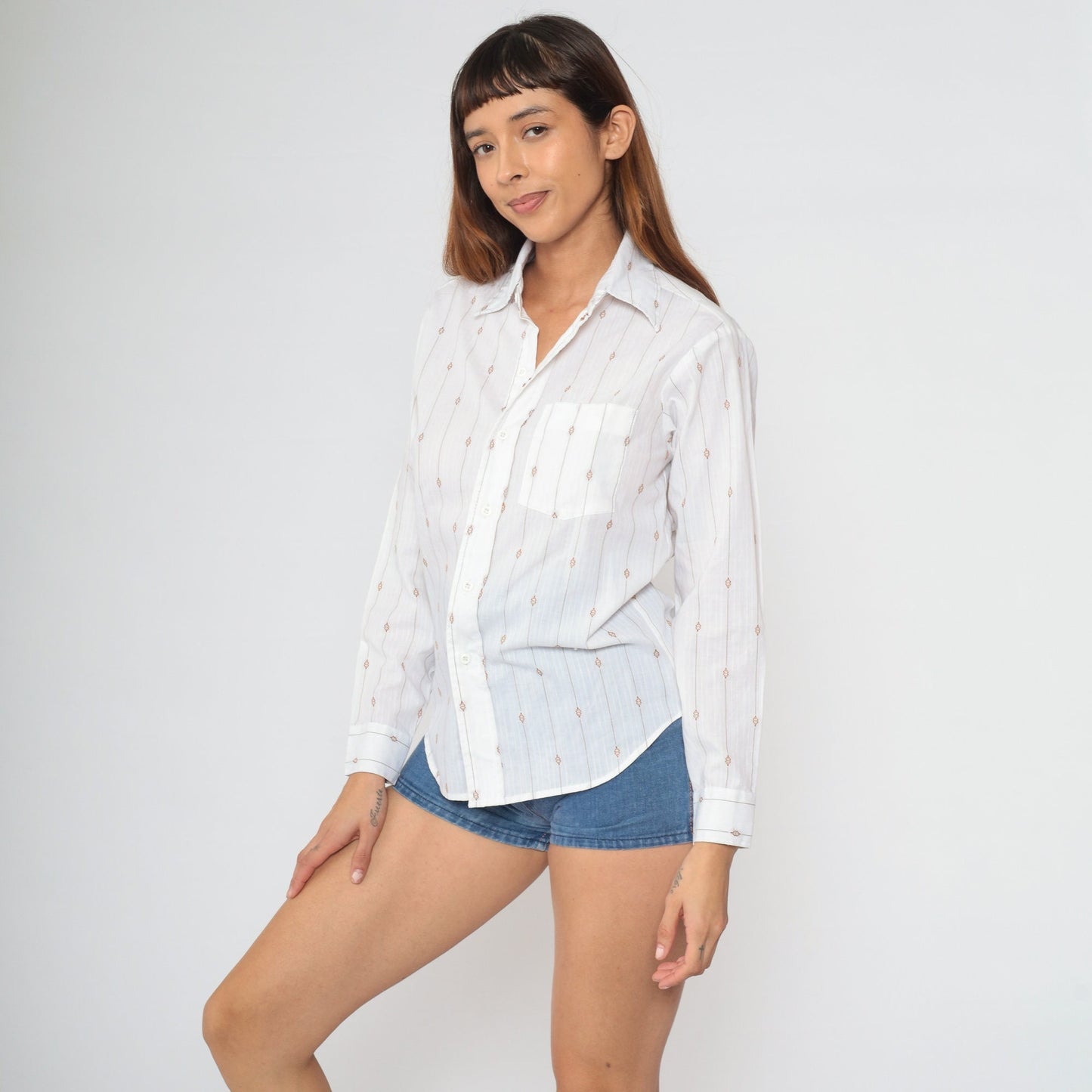 70s White Pinstriped Oxford Button-Up Shirt Dagger Collar Long Sleeve Small