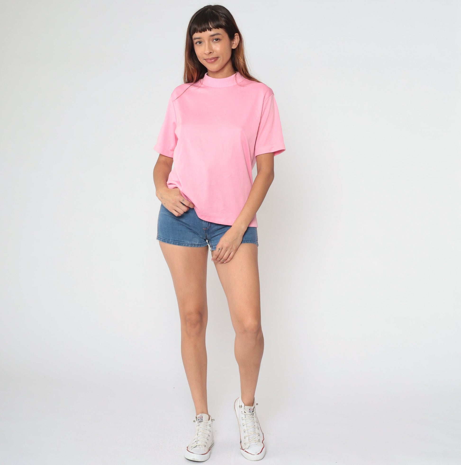 70s Pink Mock Neck Shirt Short Sleeve Blouse Medium Large