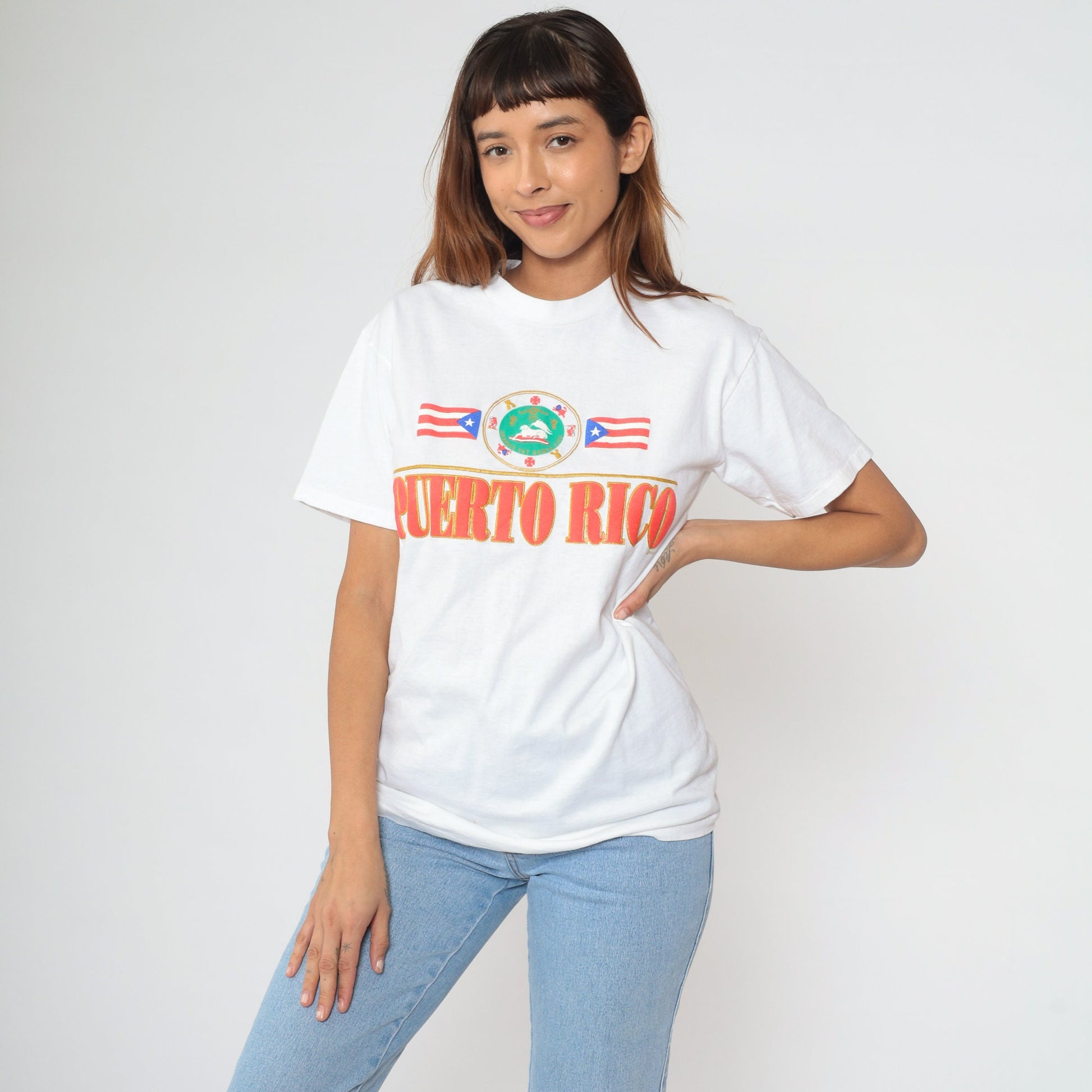 90s Puerto Rico Flag Graphic T-Shirt Cotton Single Stitch White Small