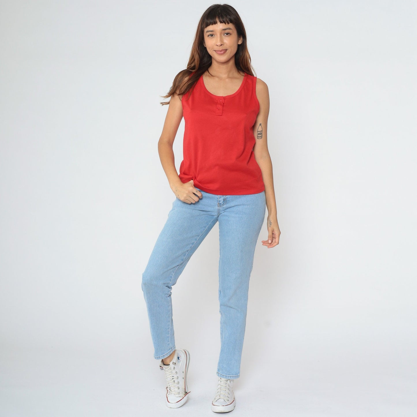 80s Red Cotton Henley Tank Top Button Chest Sleeveless Medium