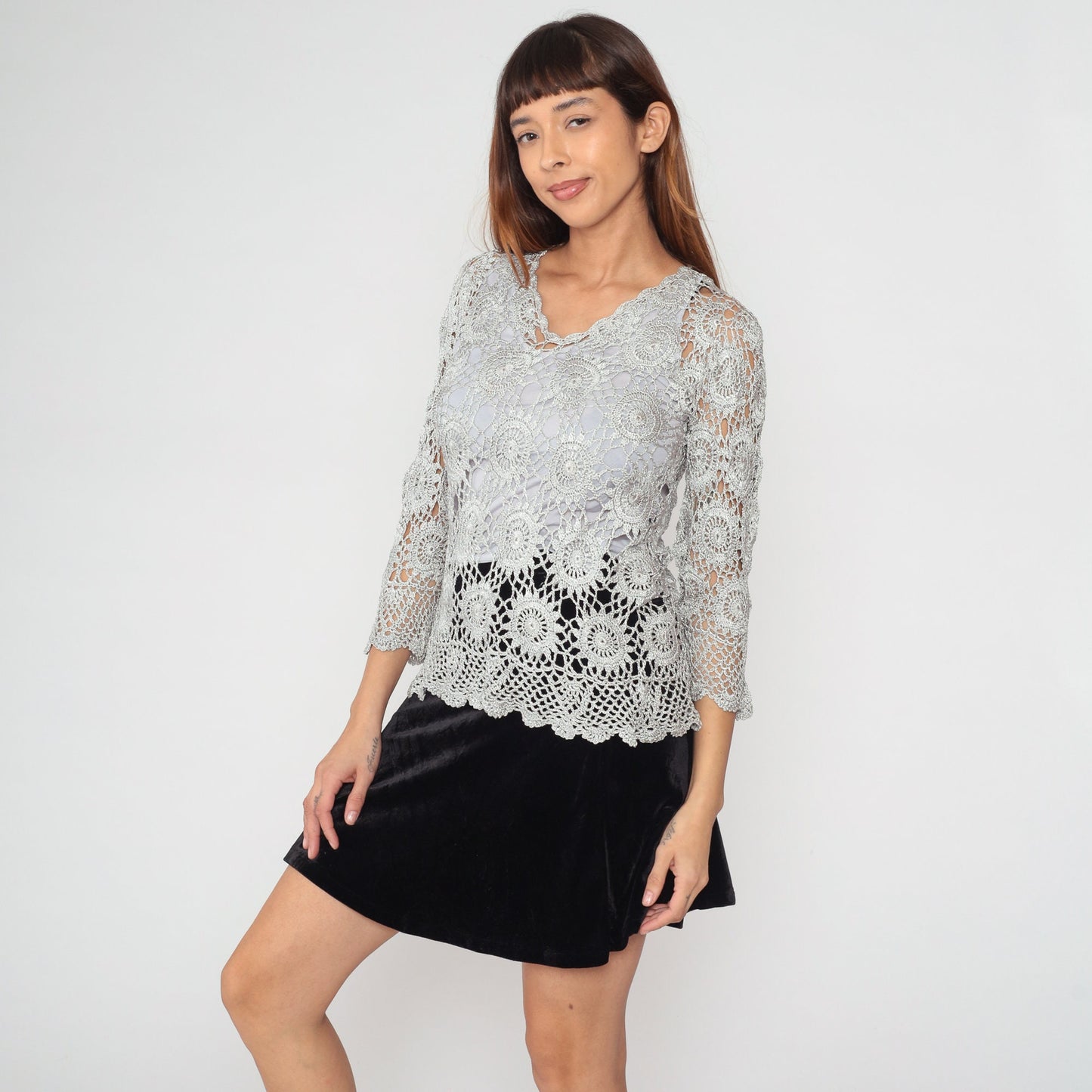 90s Grey Crochet Sun Design Pullover Blouse 3/4 Sleeve Medium M