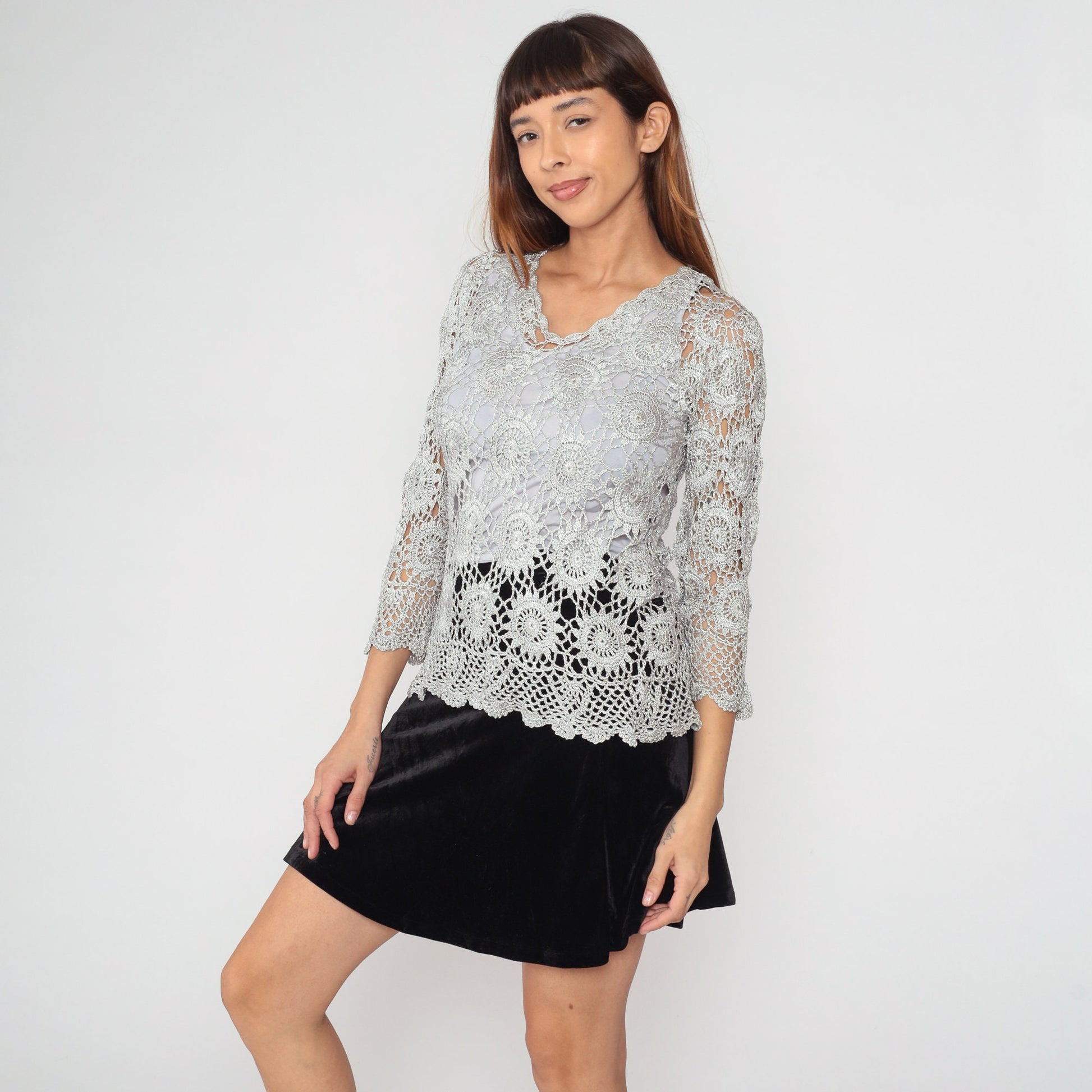 90s Grey Crochet Sun Design Pullover Blouse 3/4 Sleeve Medium M