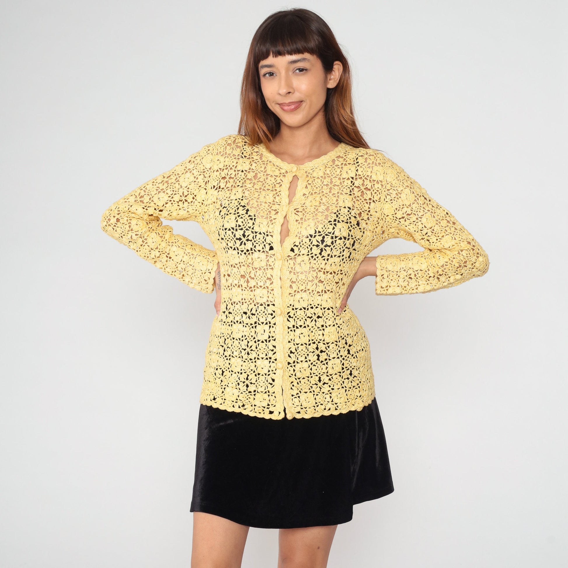 80s Yellow Crochet Cardigan Floral Cutout Cotton Knit Medium