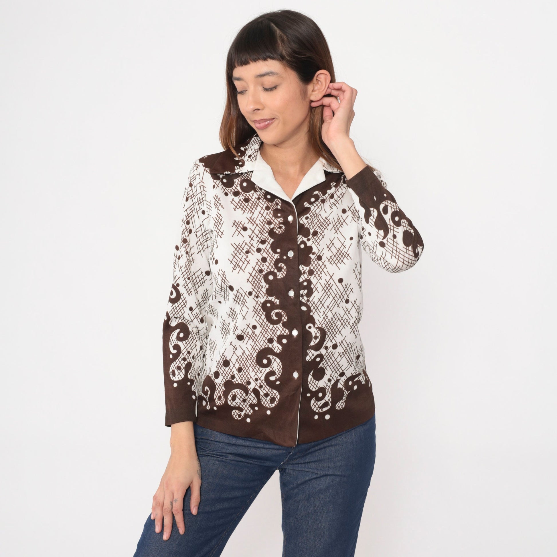 70s Swirl Print Button Up Shirt Brown White Abstract Plaid Dagger Collar Small