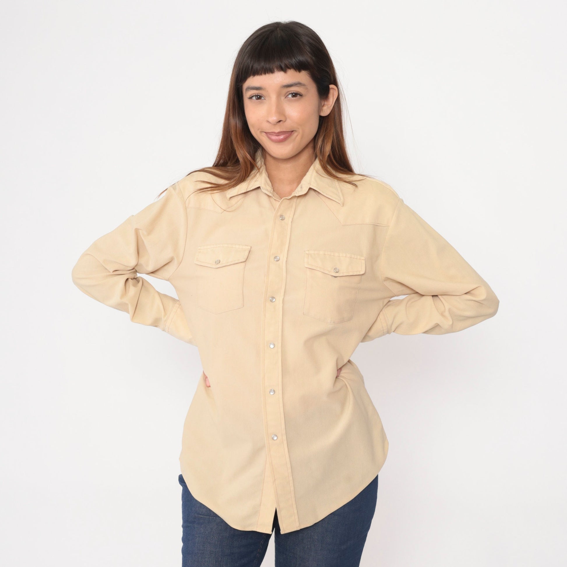 70s Western Pearl Snap Shirt Cream Ribbed Long Sleeve Large L