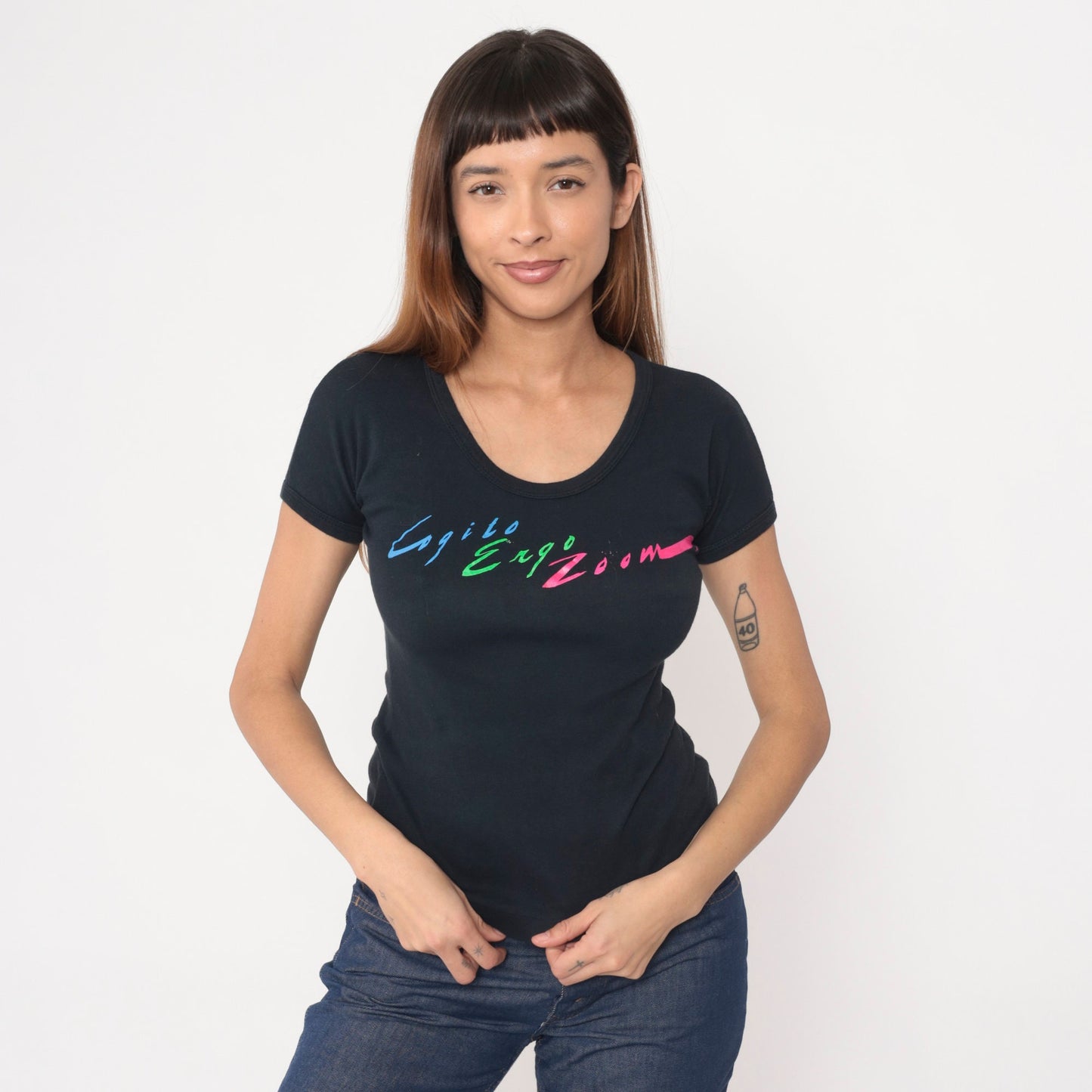 80s Cogito Ergo Zoom Black Graphic T-Shirt Cotton Single Stitch Small