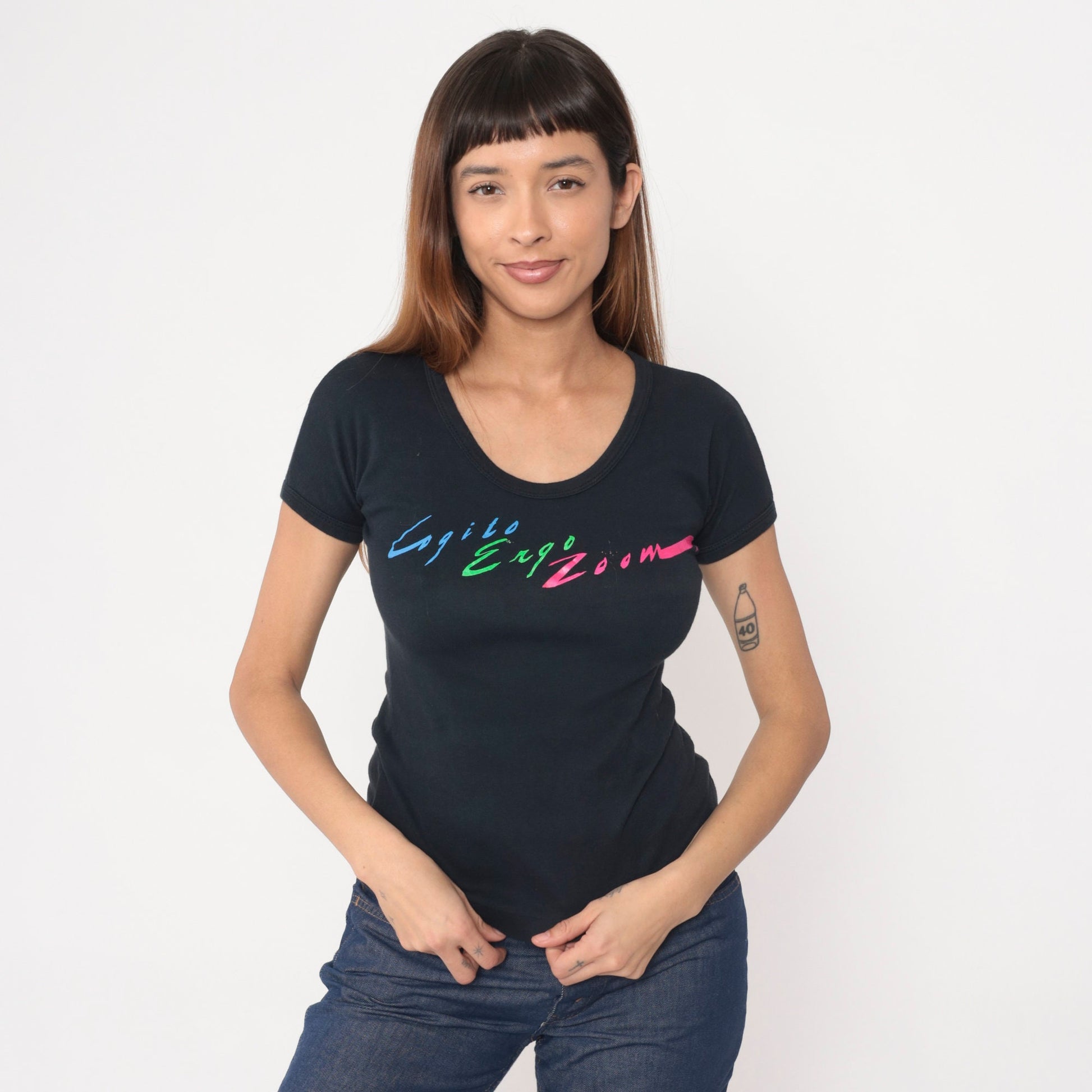 80s Cogito Ergo Zoom Black Graphic T-Shirt Cotton Single Stitch Small