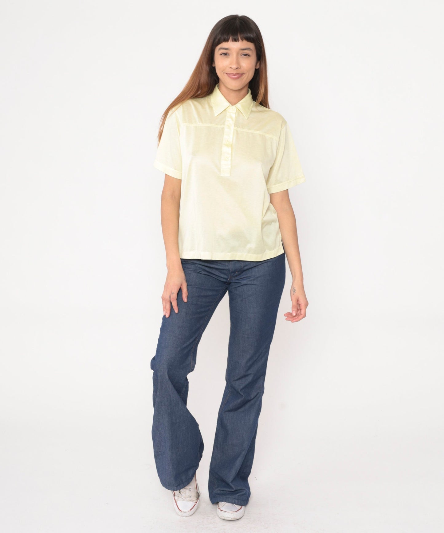 80s Yellow Polo Shirt Light Pastel Button-Up Collared Tee Medium