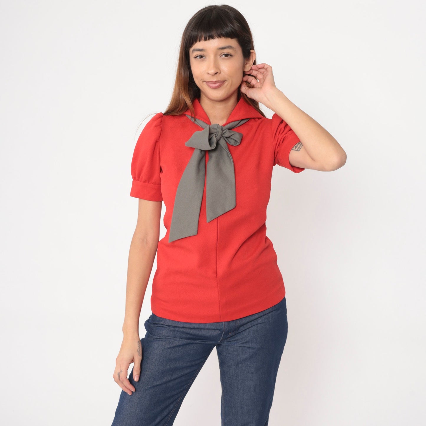 70s Red Sailor Collar Blouse Grey Ascot Puff Sleeve Front Zip Small