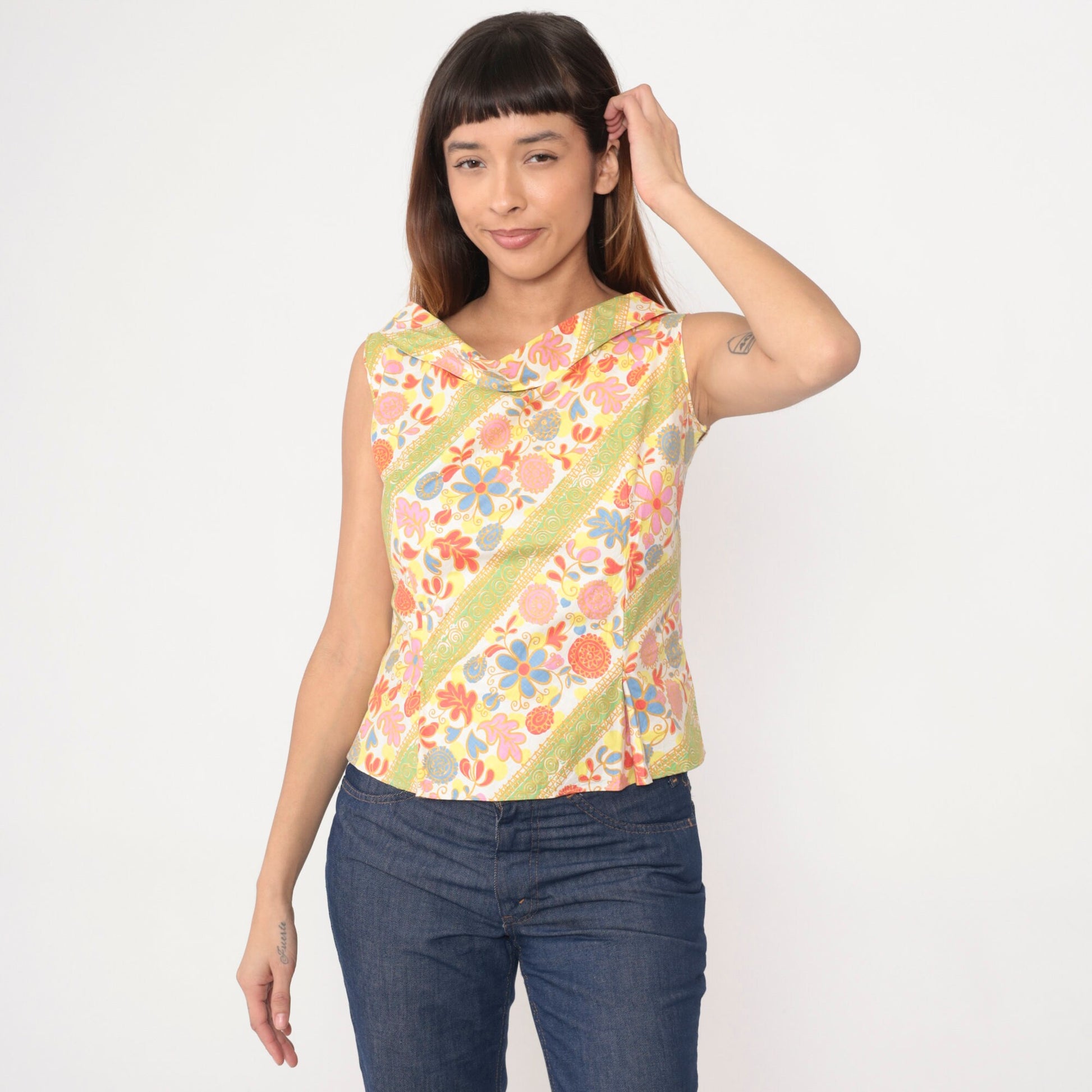 60s Floral Heart Tank Top Button Back Boatneck Cotton Sleeveless Extra Small