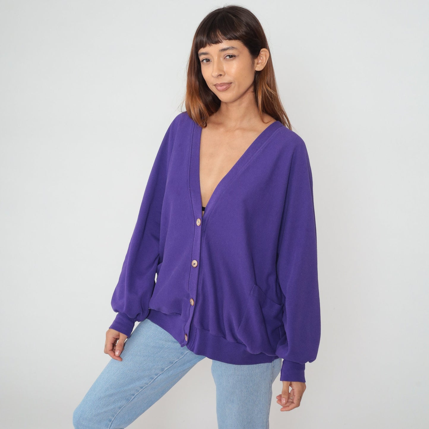 90s Purple Cardigan Sweatshirt Button Up Slouchy Pockets One Size