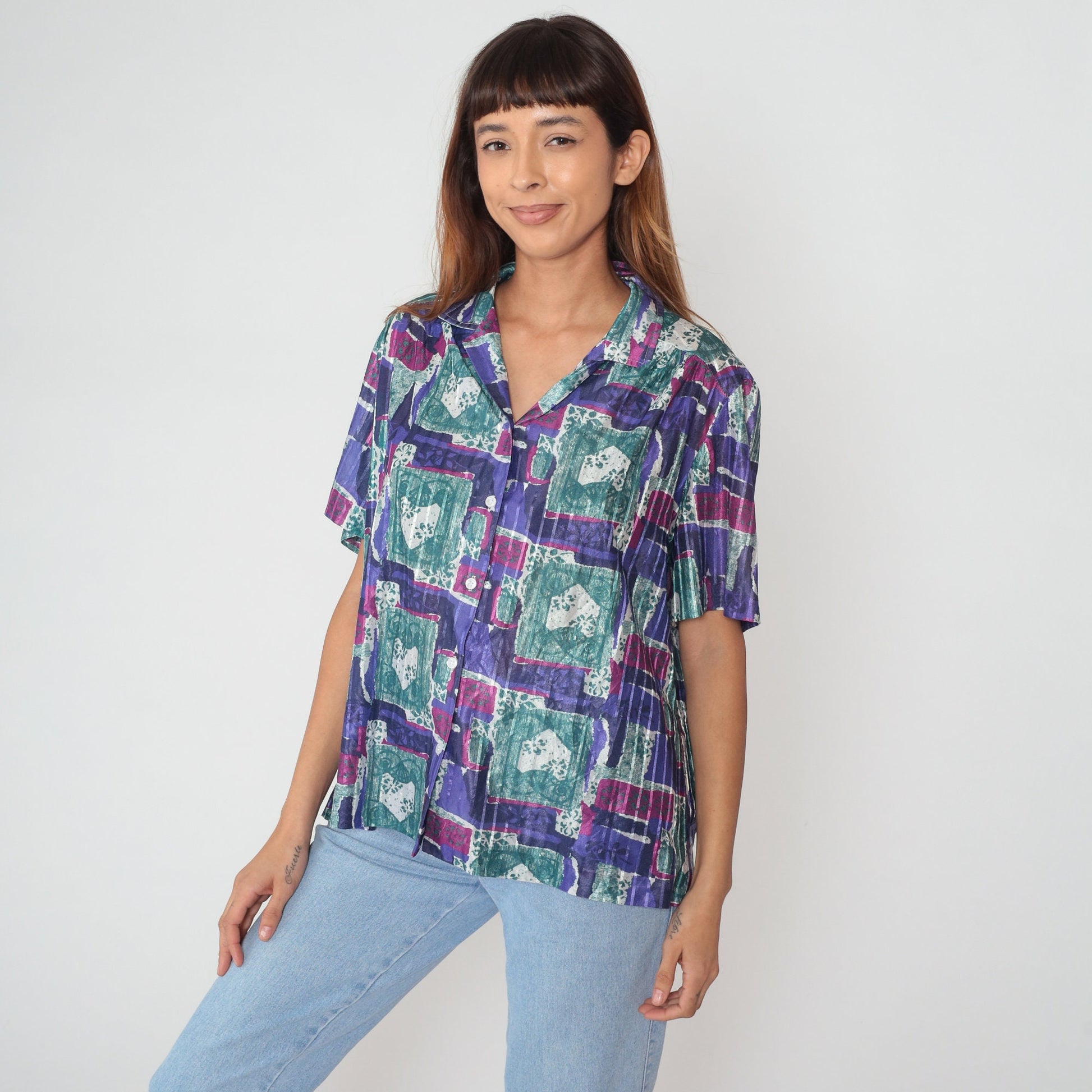 90s Abstract Floral Button-Up Blouse Short Sleeve Purple Pink Blue-Green XXL