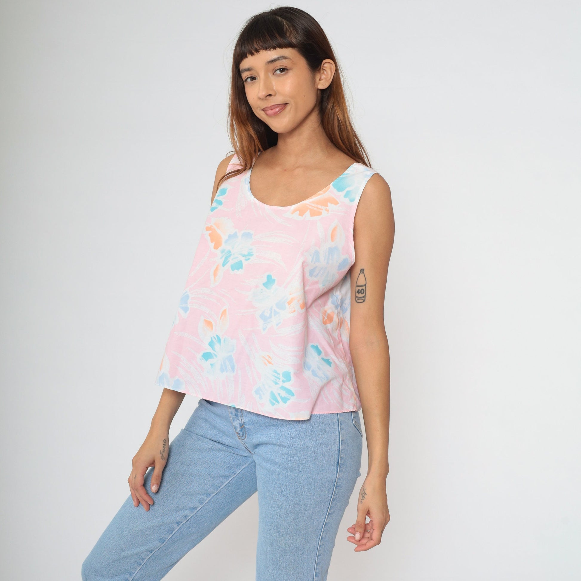 90s Hilo Hattie Tropical Floral Tank Top Pink Hibiscus Print Extra Large XXL