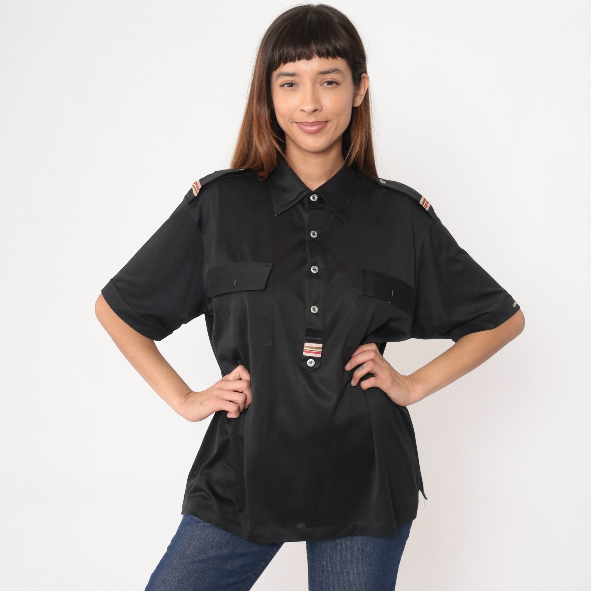 70s Black Polo Shirt Shoulder Epaulette Quarter Button Collar Large