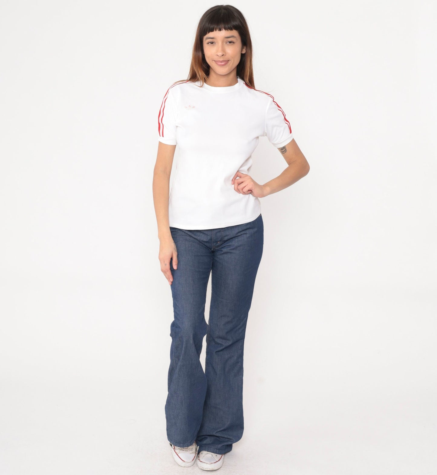 80s Adidas Trefoil Ringer T-Shirt White Nylon Red Stripes Medium