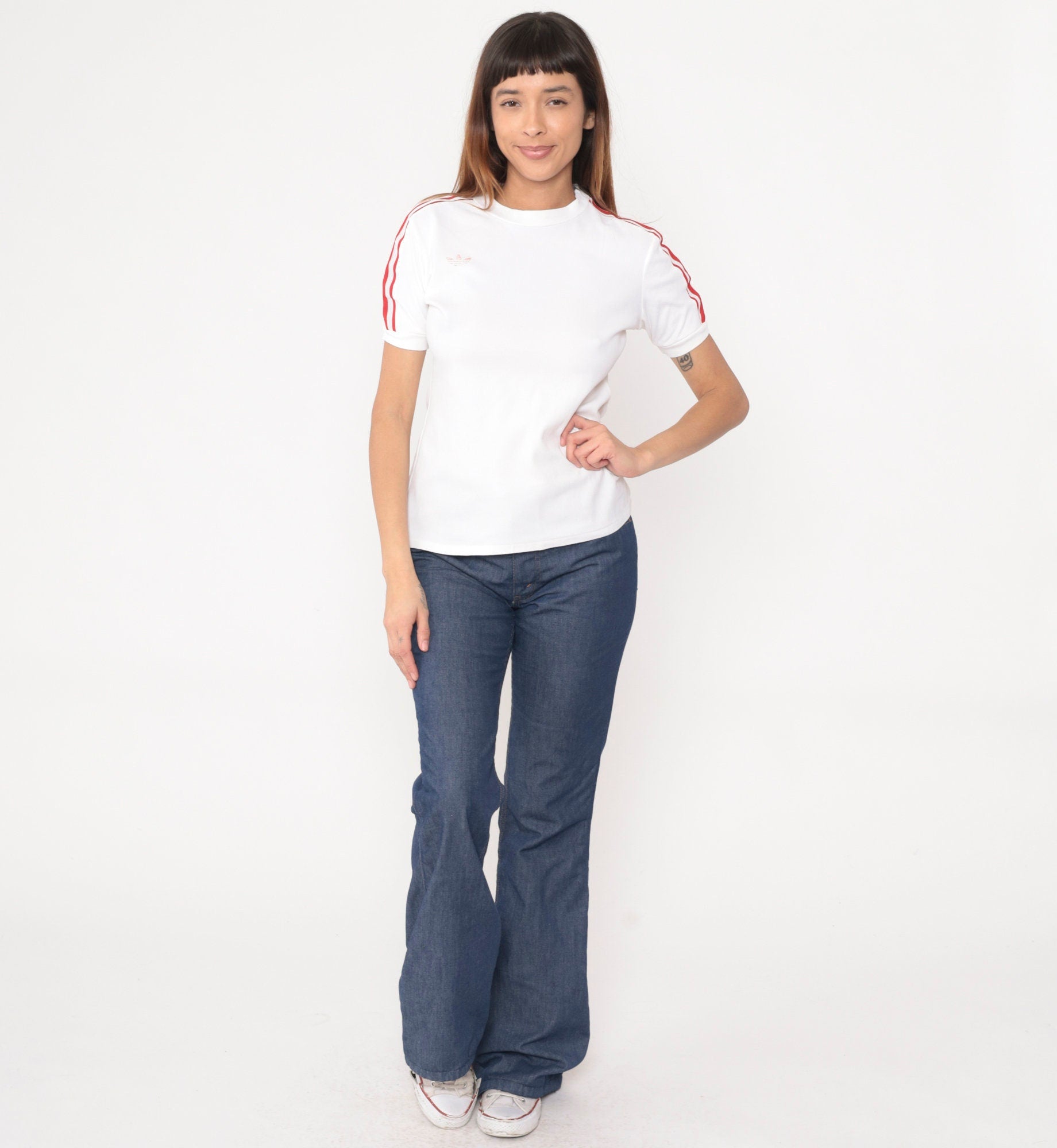 80s Adidas Trefoil Ringer T-Shirt White Nylon Red Stripes Medium