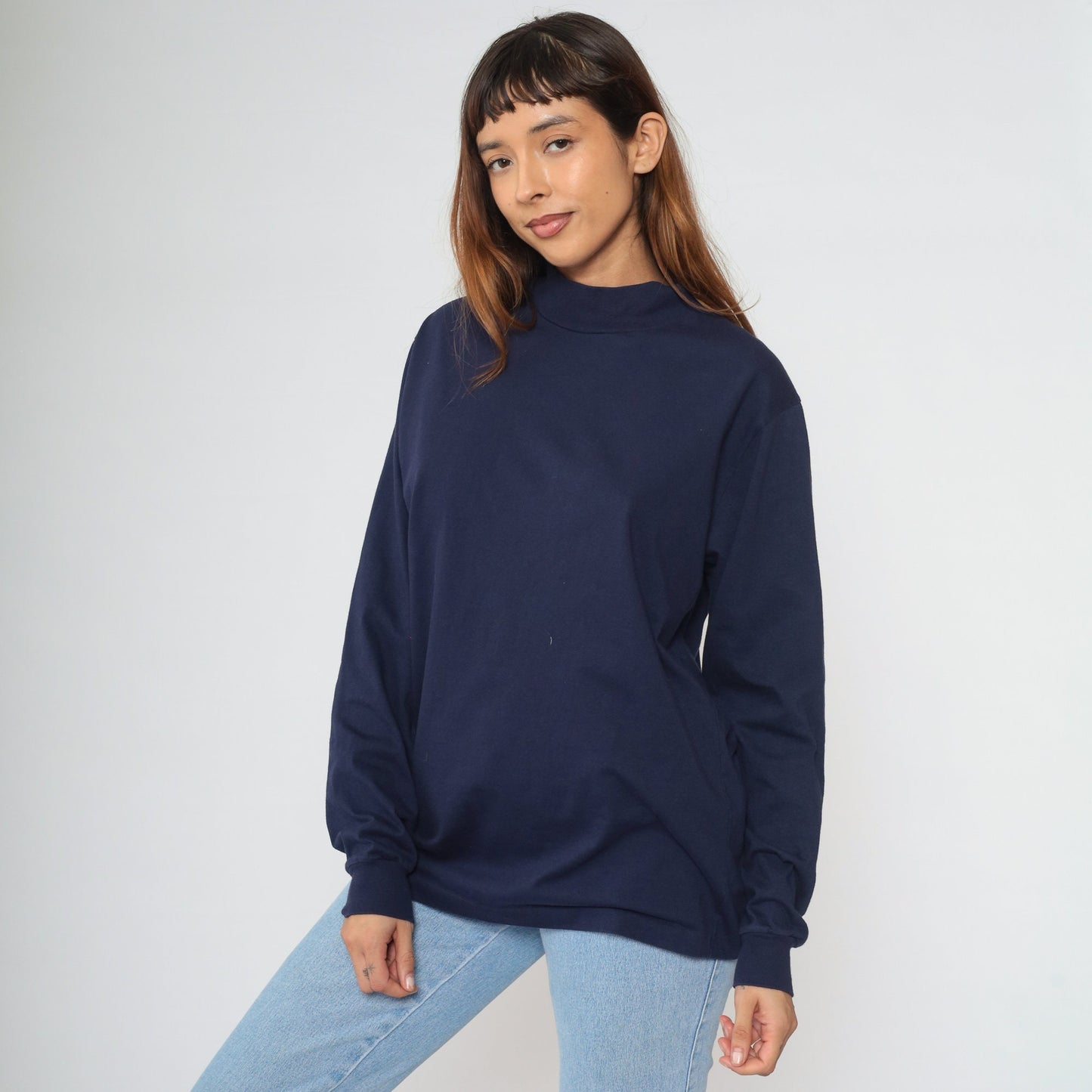 90s Navy Mock Neck Long Sleeve Cotton Tee Large L