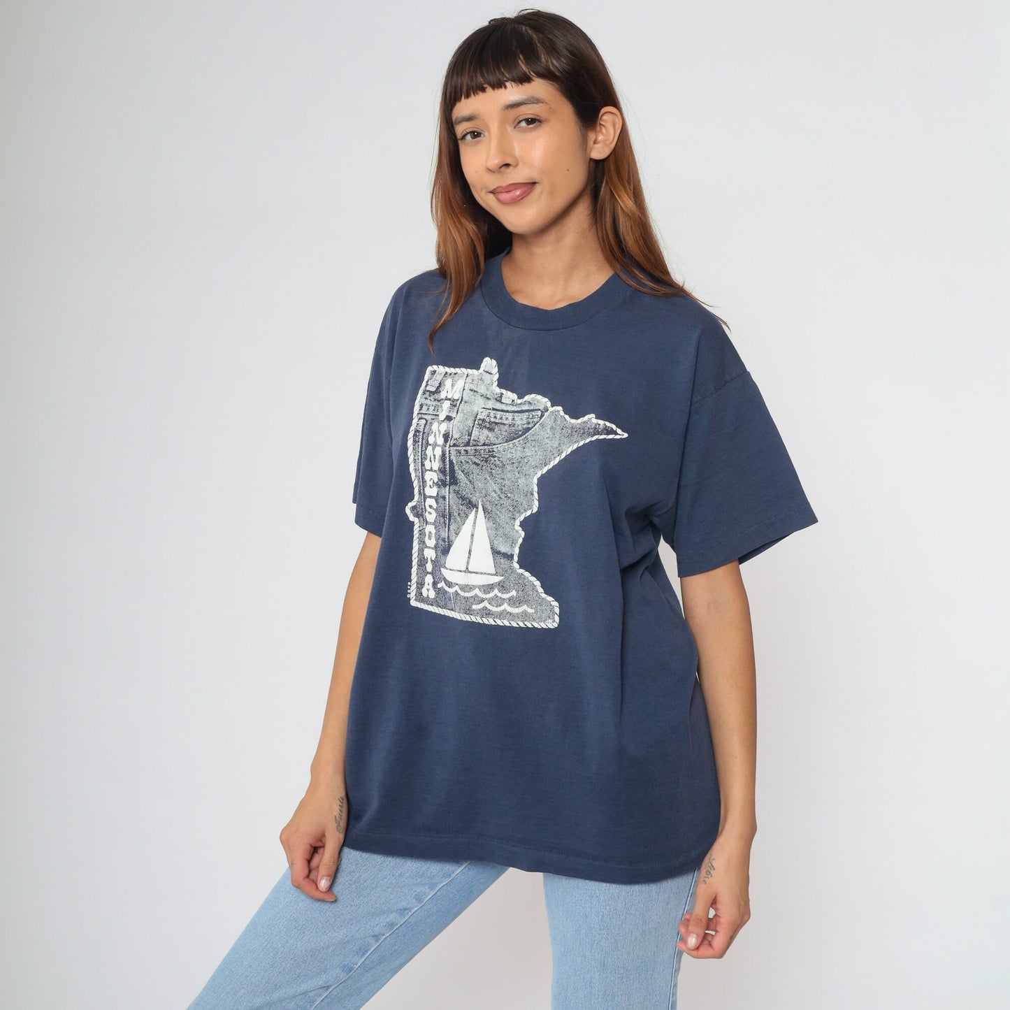 90s Minnesota State Map Sailboat T Shirt Navy Blue Screen Stars Extra Large