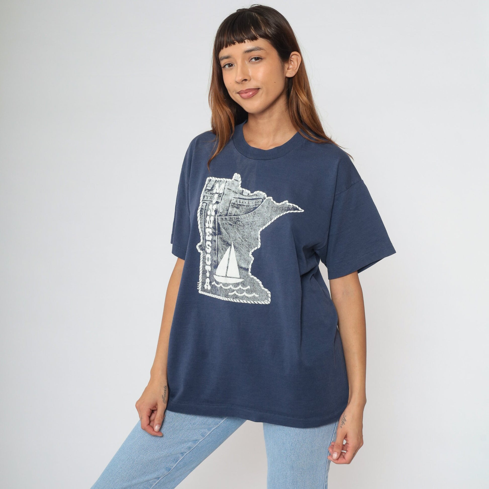90s Minnesota State Map Sailboat T Shirt Navy Blue Screen Stars Extra Large