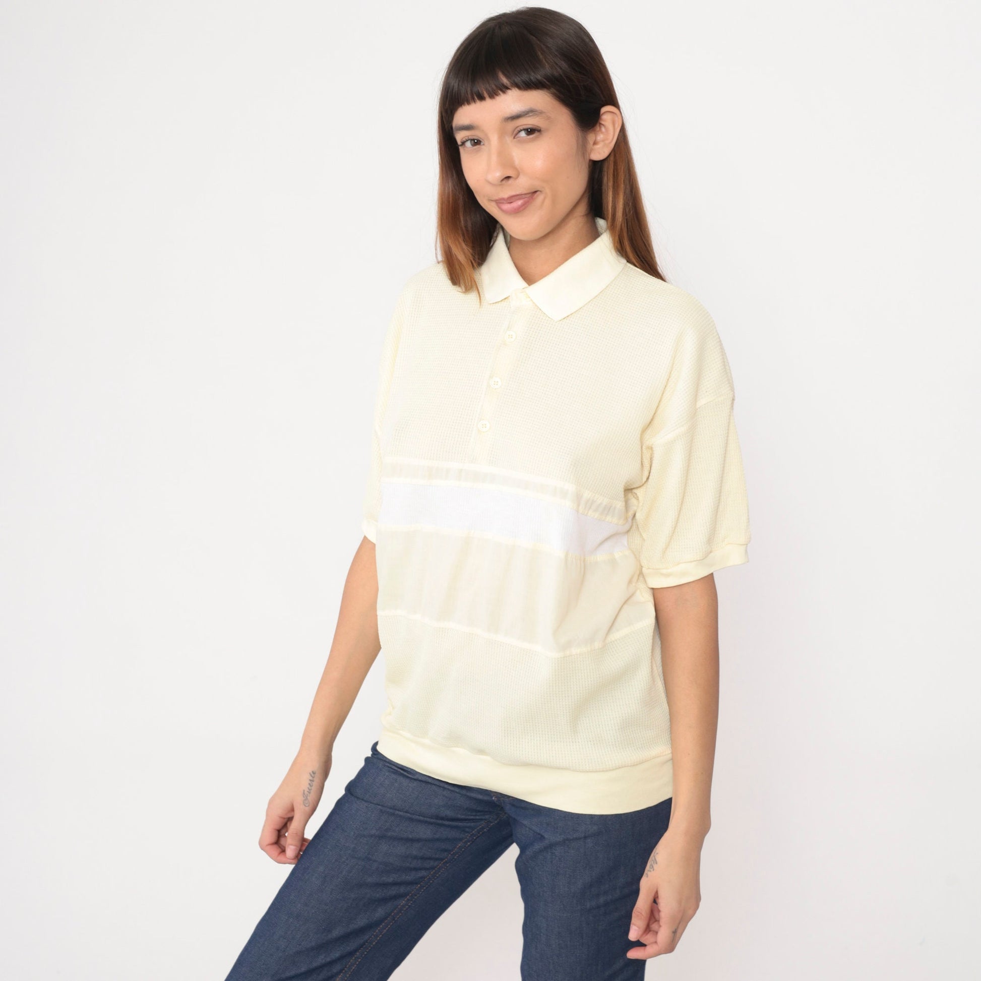 80s Onvoy Polo Shirt Light Yellow Waffle Knit White Stripe Large