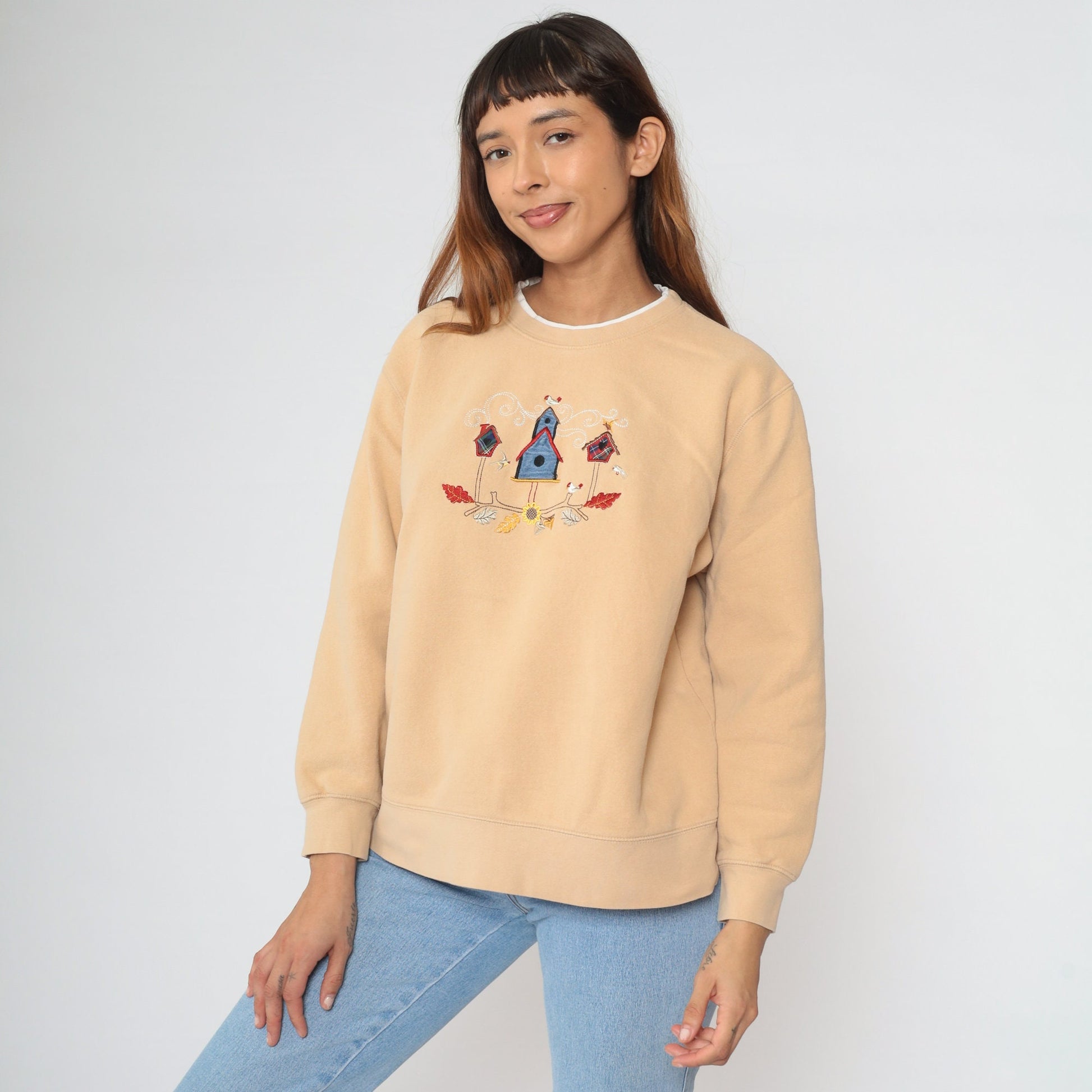 90s Birdhouse Embroidered Sweatshirt Tan Crewneck Large L
