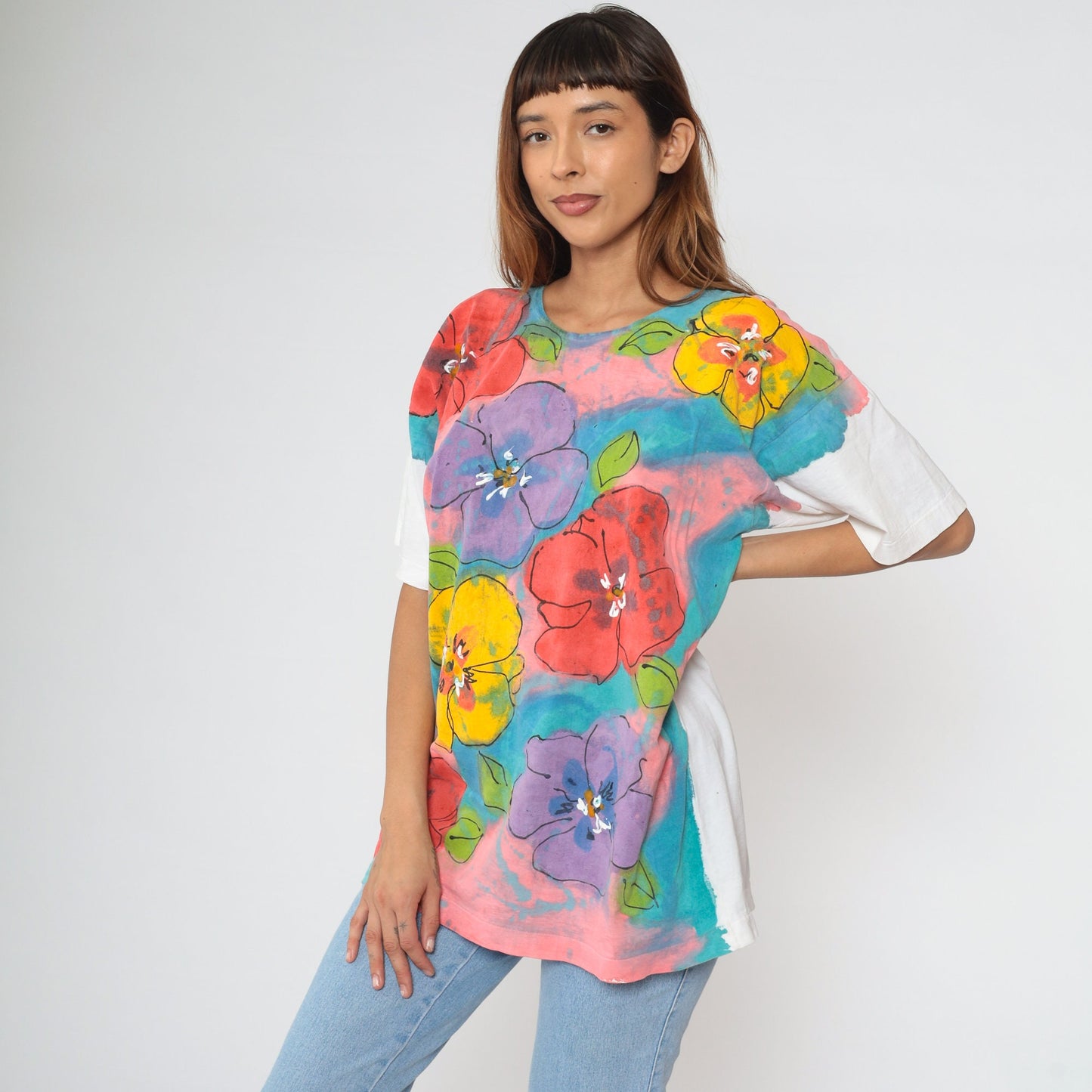 90s Floral Paint Splatter T-Shirt Purple Yellow Pink Blue Single Stitch Large