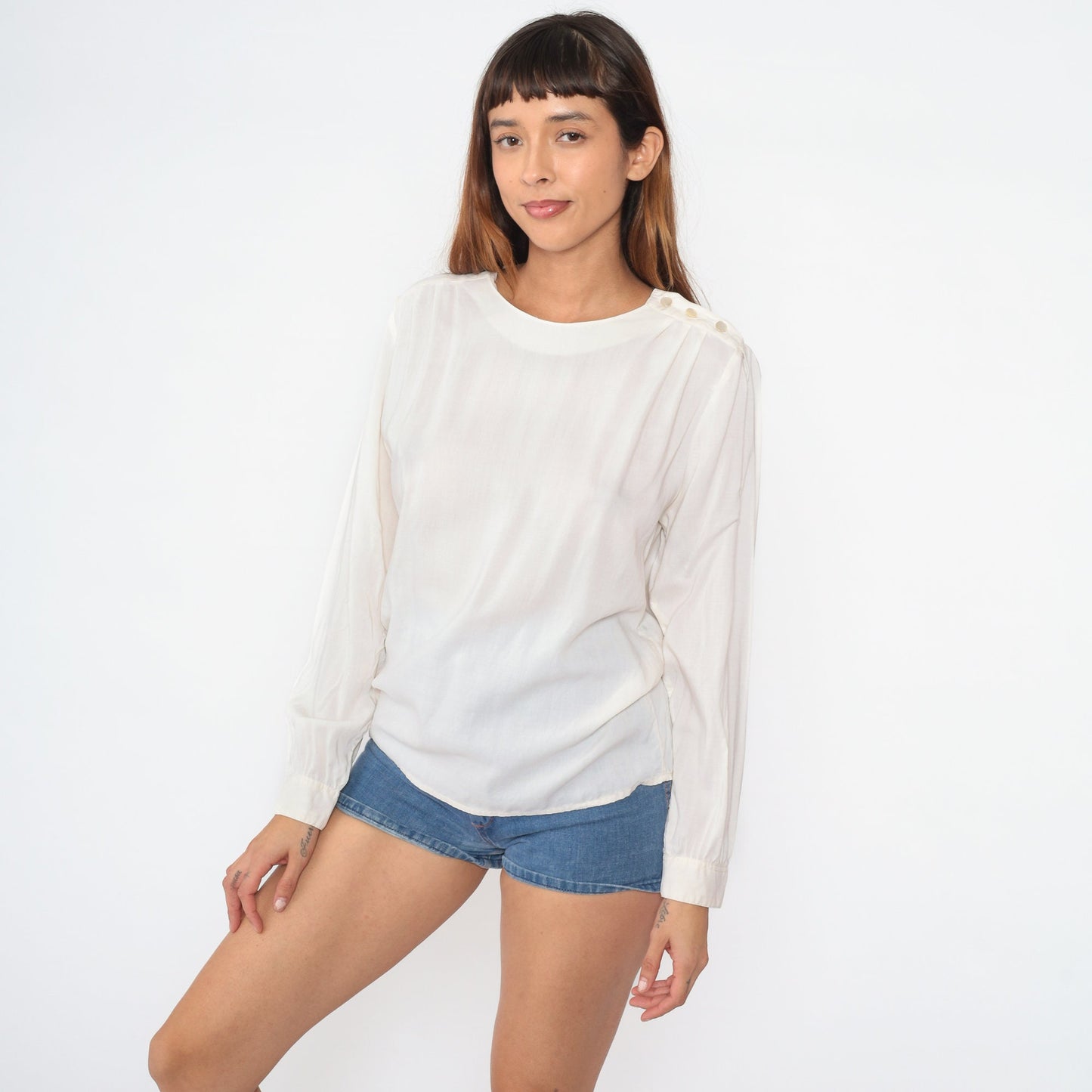 90s White Rayon Blouse Puff Sleeve Shoulder Button Top Medium
