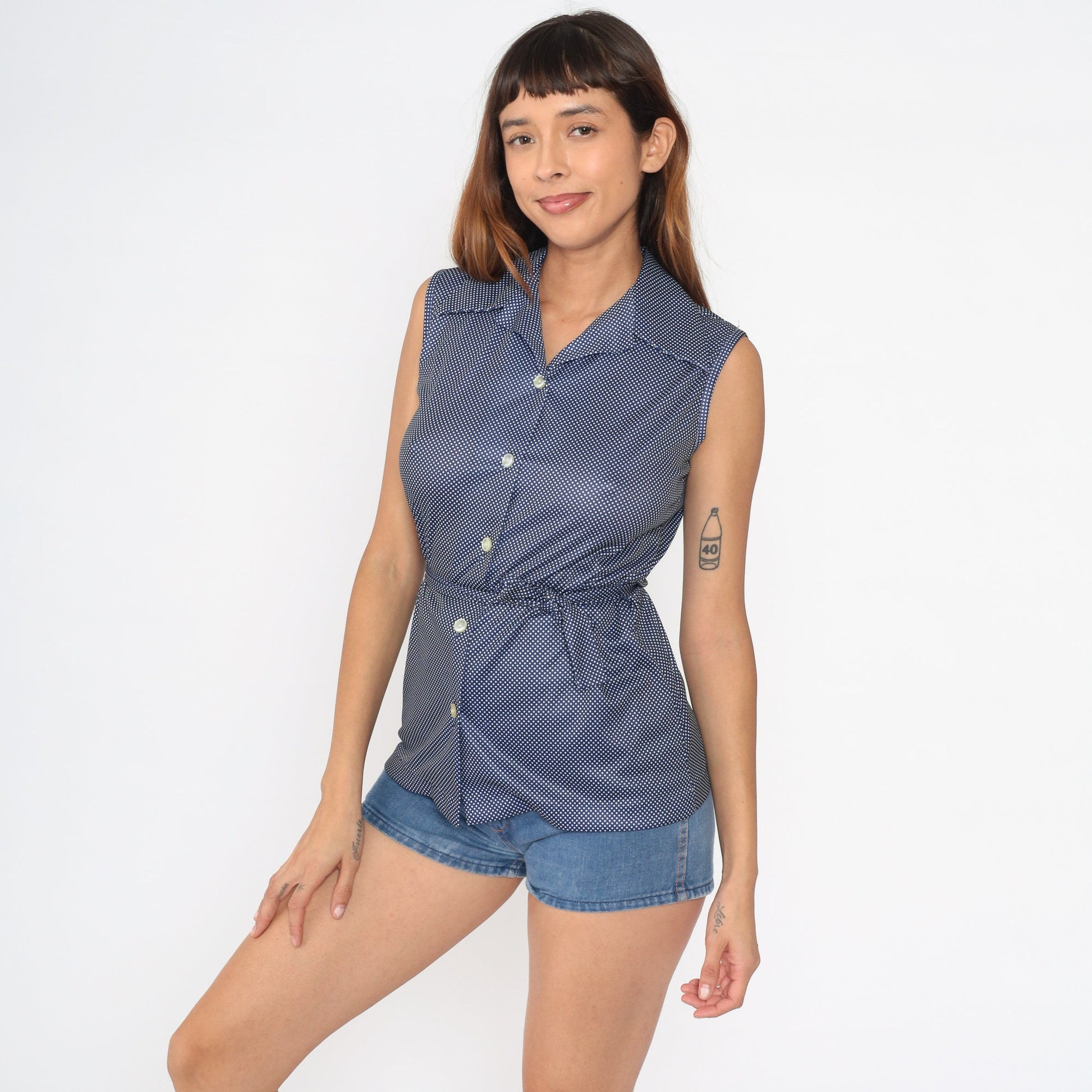 70s Navy Polka Dot Sleeveless Blouse Dagger Collar Button Up Small S
