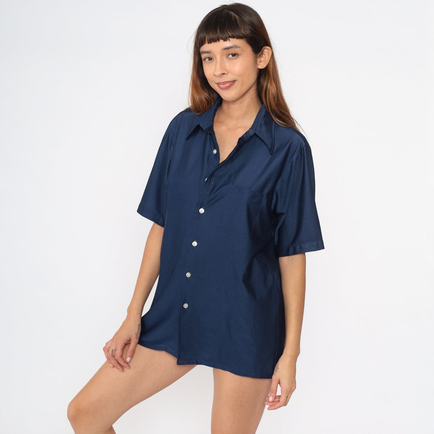 70s Navy Button-Up Shirt Dagger Collar Shiny Disco Short Sleeve Large