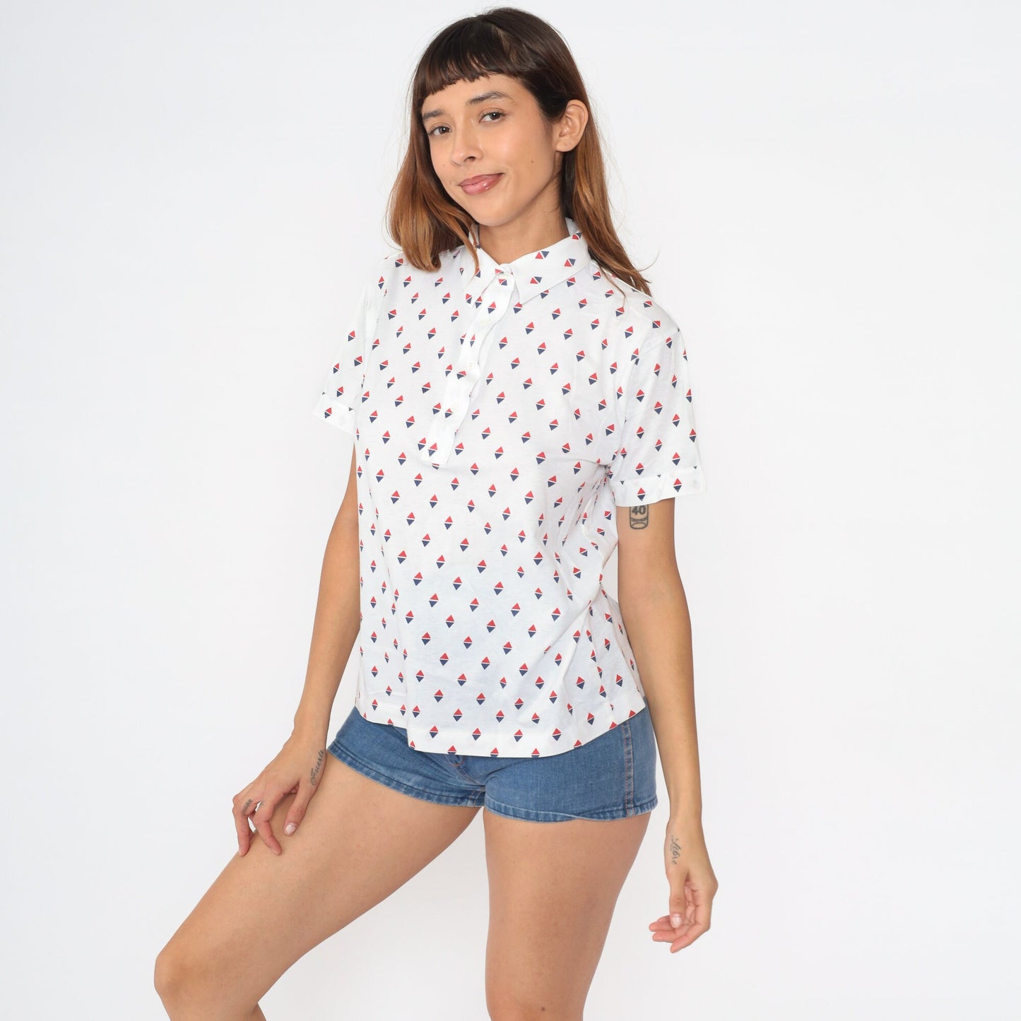 80s Par Four Golf Polo Shirt White Geometric Quarter Button Medium