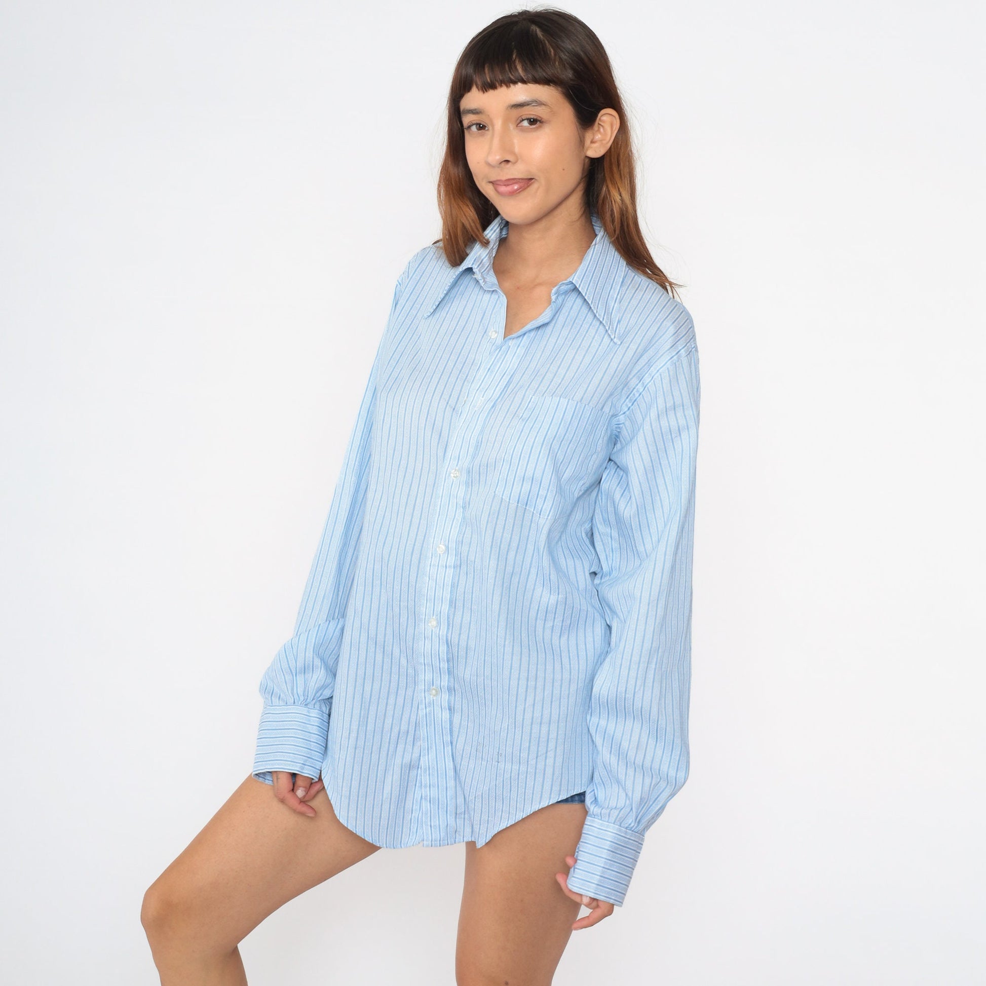 70s Grodins Blue Striped Oxford Shirt Southwestern Print Medium