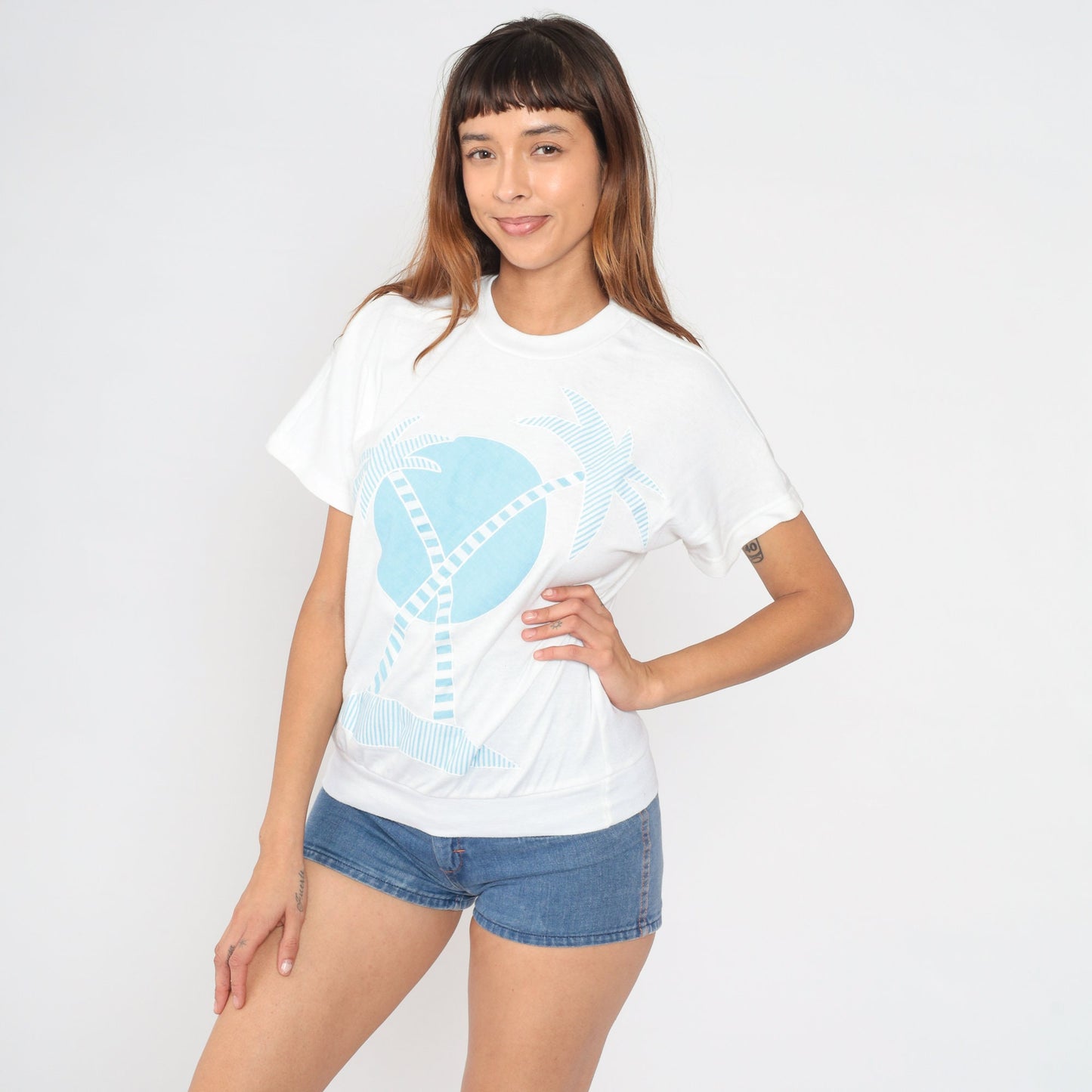 80s White Stag Palm Tree Graphic T-Shirt Blue Sun Banded Hem Medium