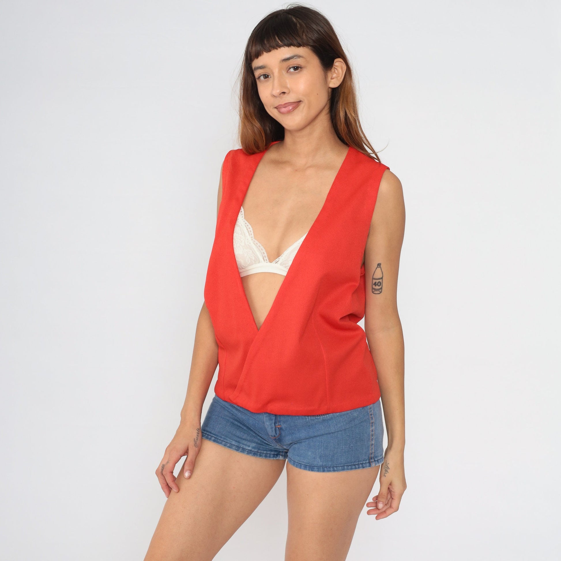 70s Red Wrap Vest Plunge Neckline Sleeveless Top Medium