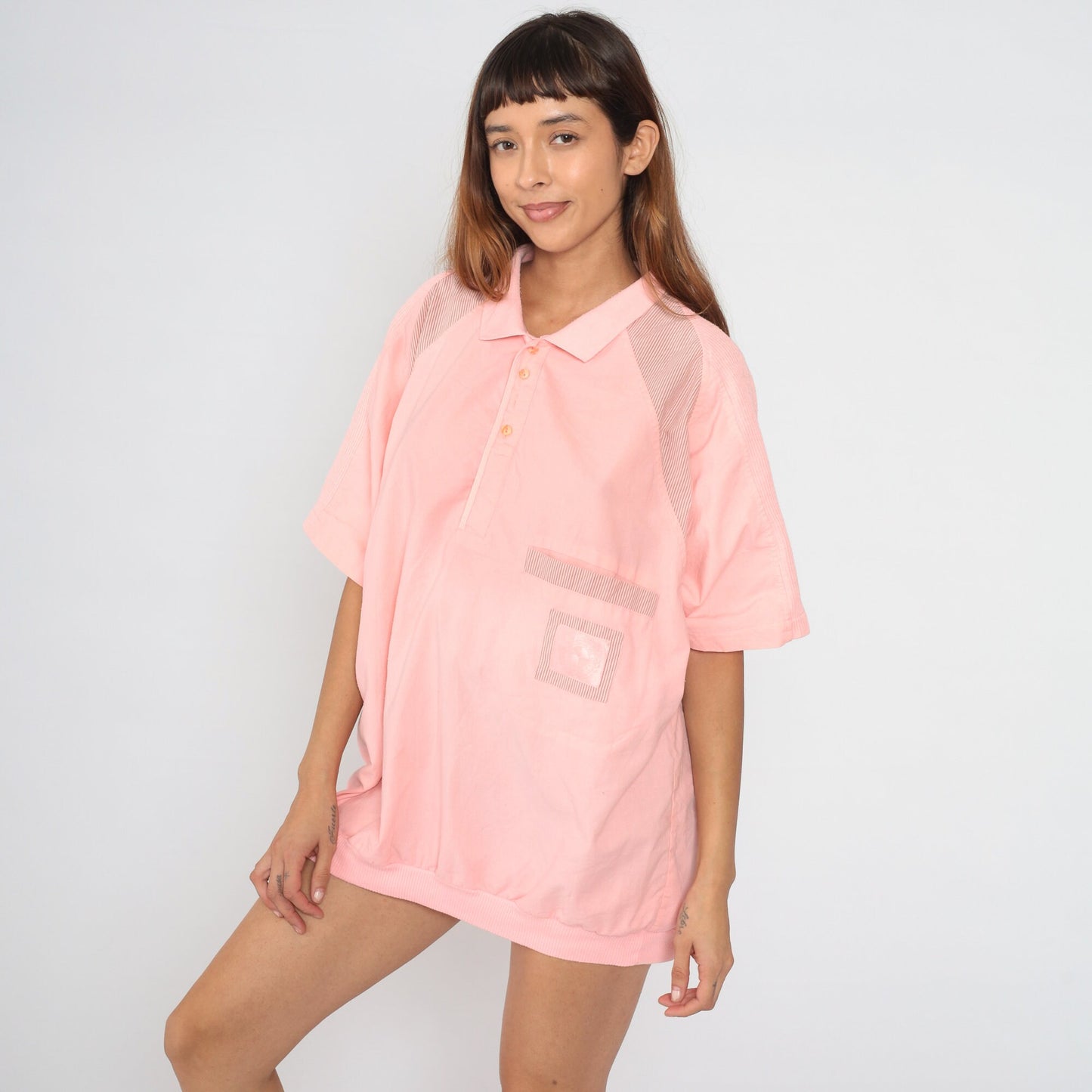 80s Baby Pink Striped Polo Shirt Men's Extra Large Tall