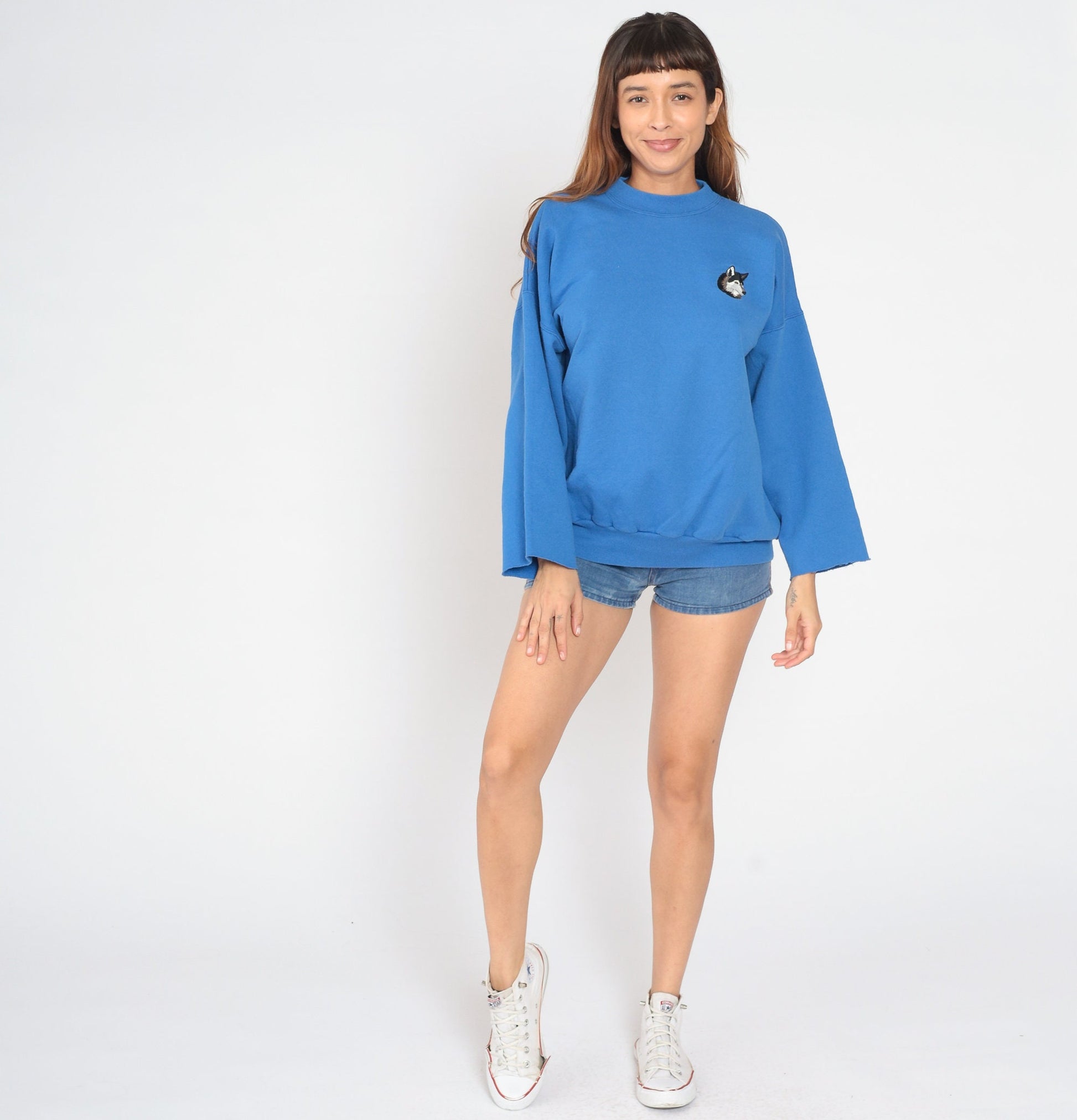 90s Blue Wolf Embroidered Sweatshirt Cutoff Crewneck Plus Size XXL