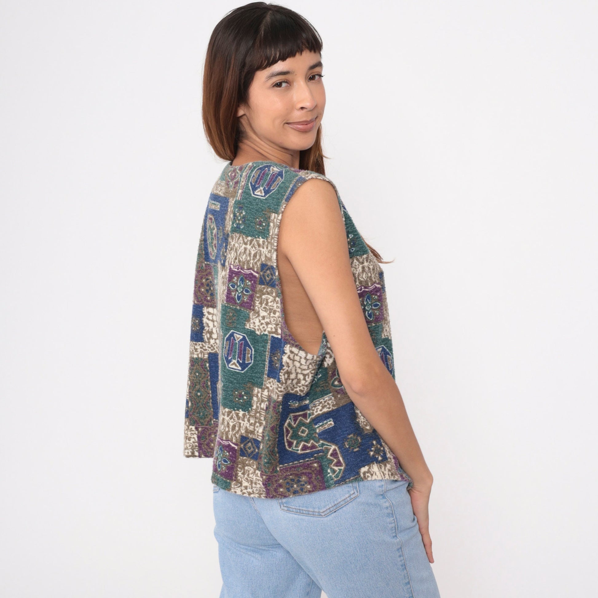 90s Southwestern Patchwork Geometric Button Vest Sleeveless Blue Green Purple Extra Large XXL