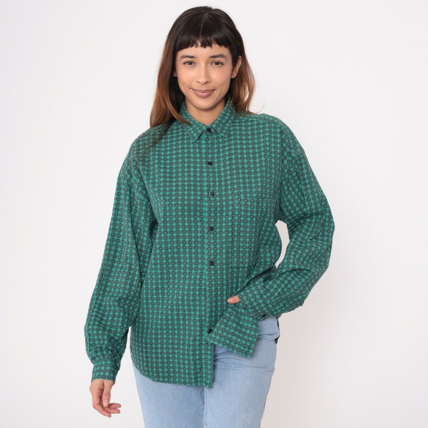 90s Green Black Checkered Button-Up Oxford Shirt Long Sleeve Men's Medium