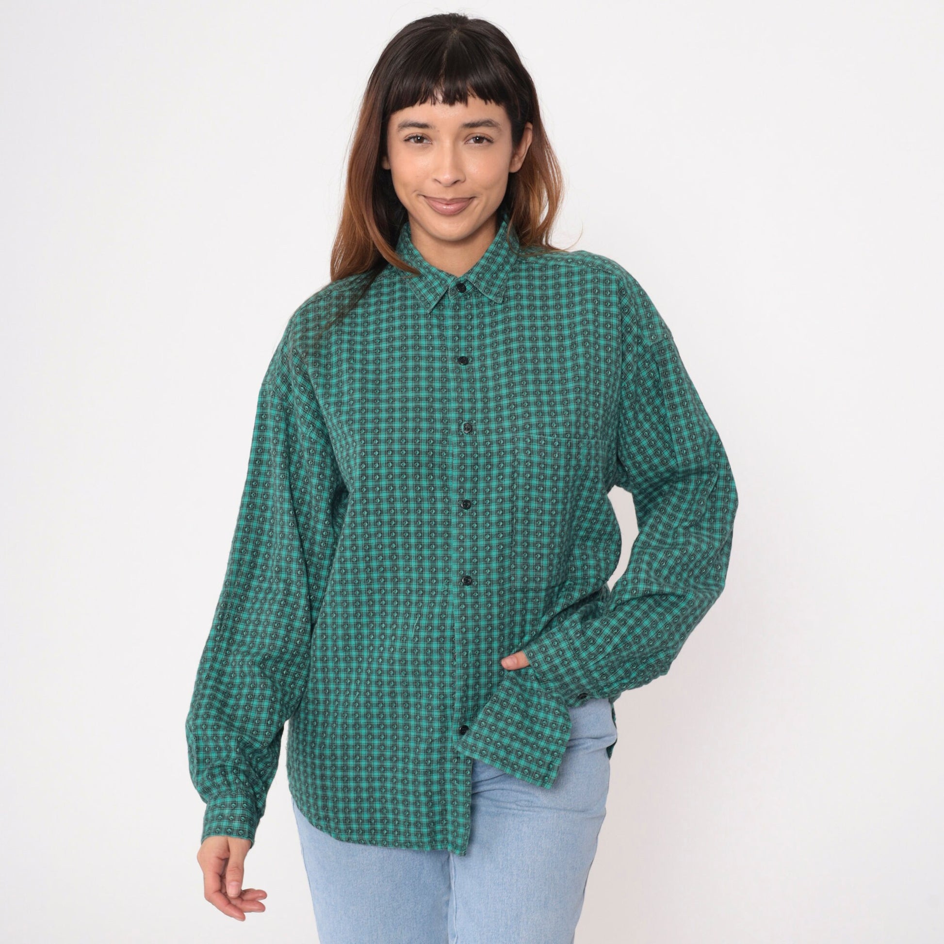 90s Green Black Checkered Button-Up Oxford Shirt Long Sleeve Men's Medium