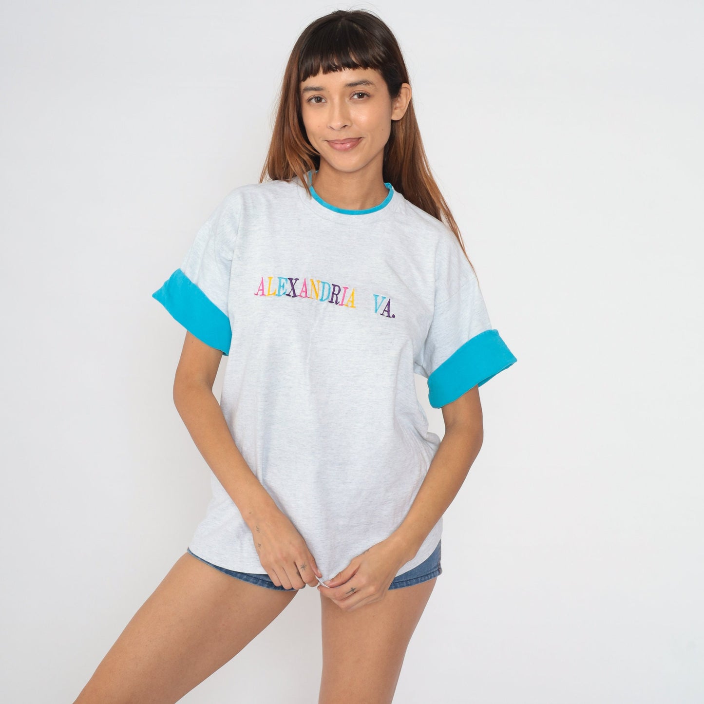 90s Alexandria Virginia Ringer Tee Embroidered Graphic Heather Grey Extra Large