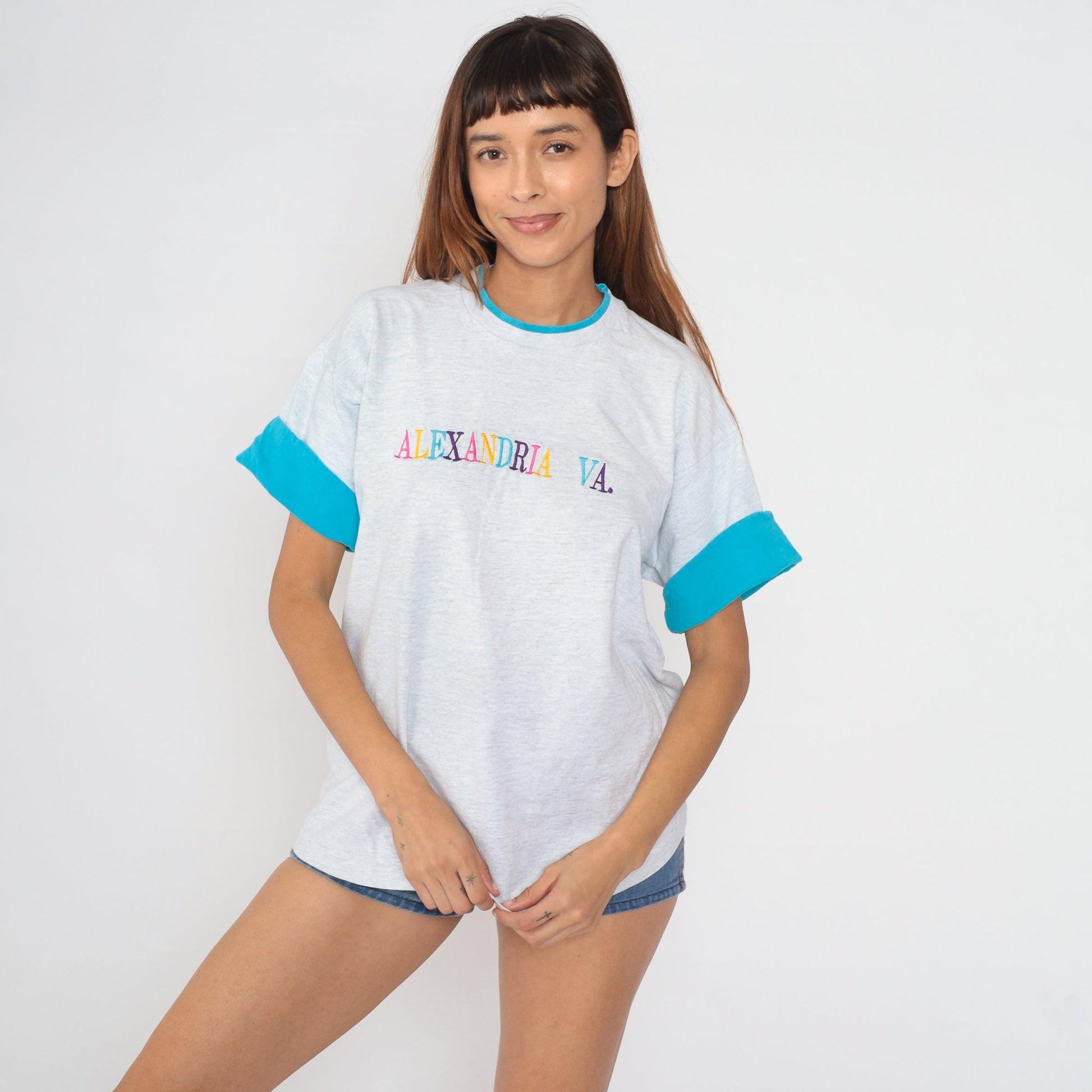 90s Alexandria Virginia Ringer Tee Embroidered Graphic Heather Grey Extra Large
