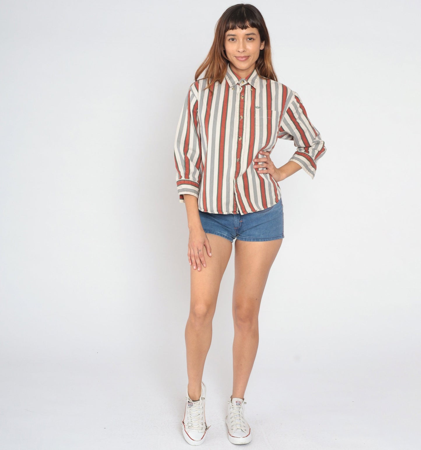 90s Dockers Striped Button-Up Shirt White Red Navy Green 3/4 Sleeve Medium