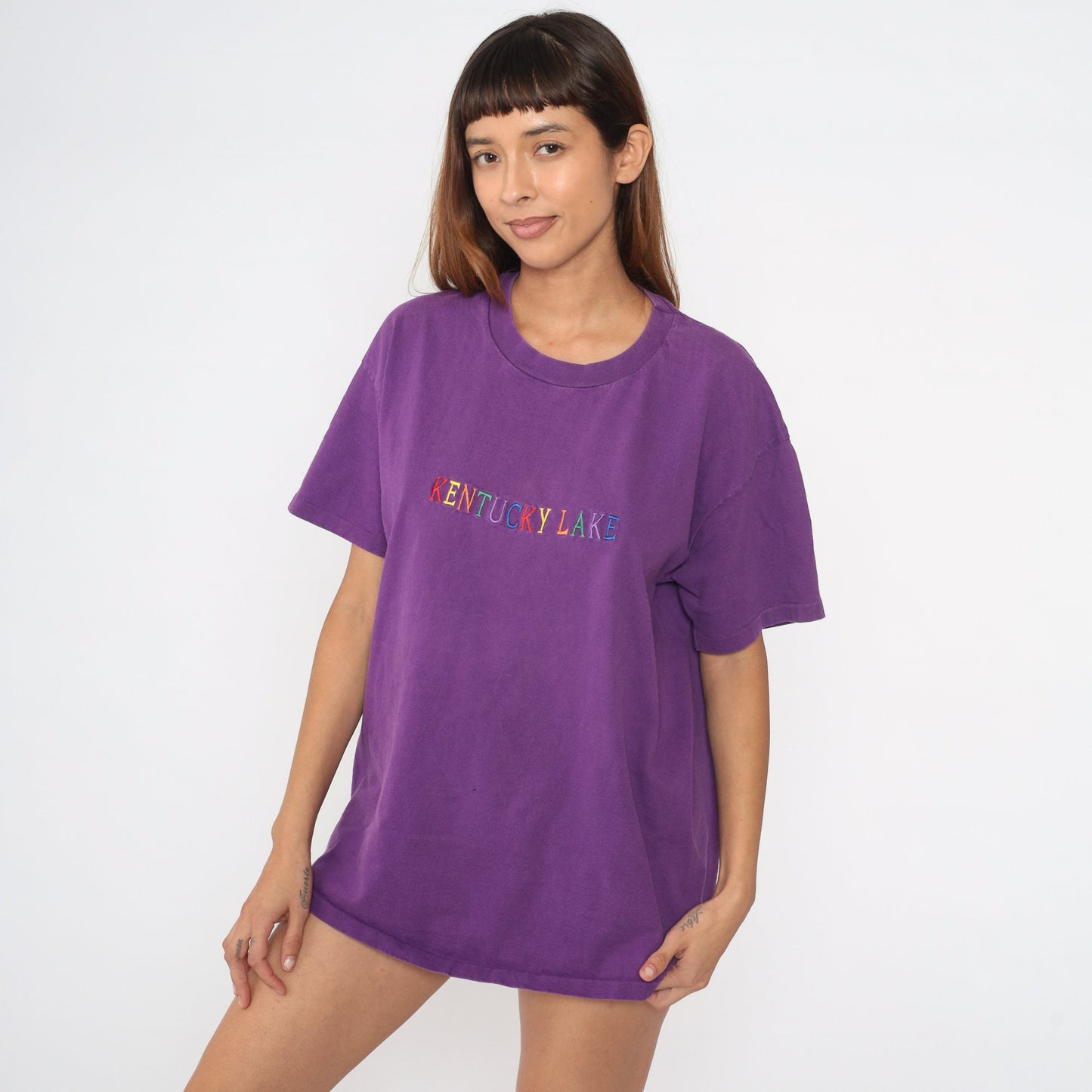 90s Kentucky Lake Purple Rainbow Embroidered T-Shirt Tourist Tee Extra Large XL