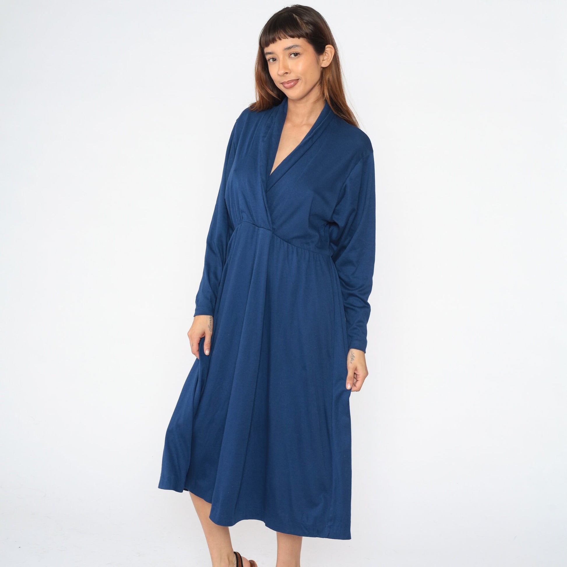 70s Dark Blue Wrap Midi Dress High Waist Surplice Long Sleeve Large 12