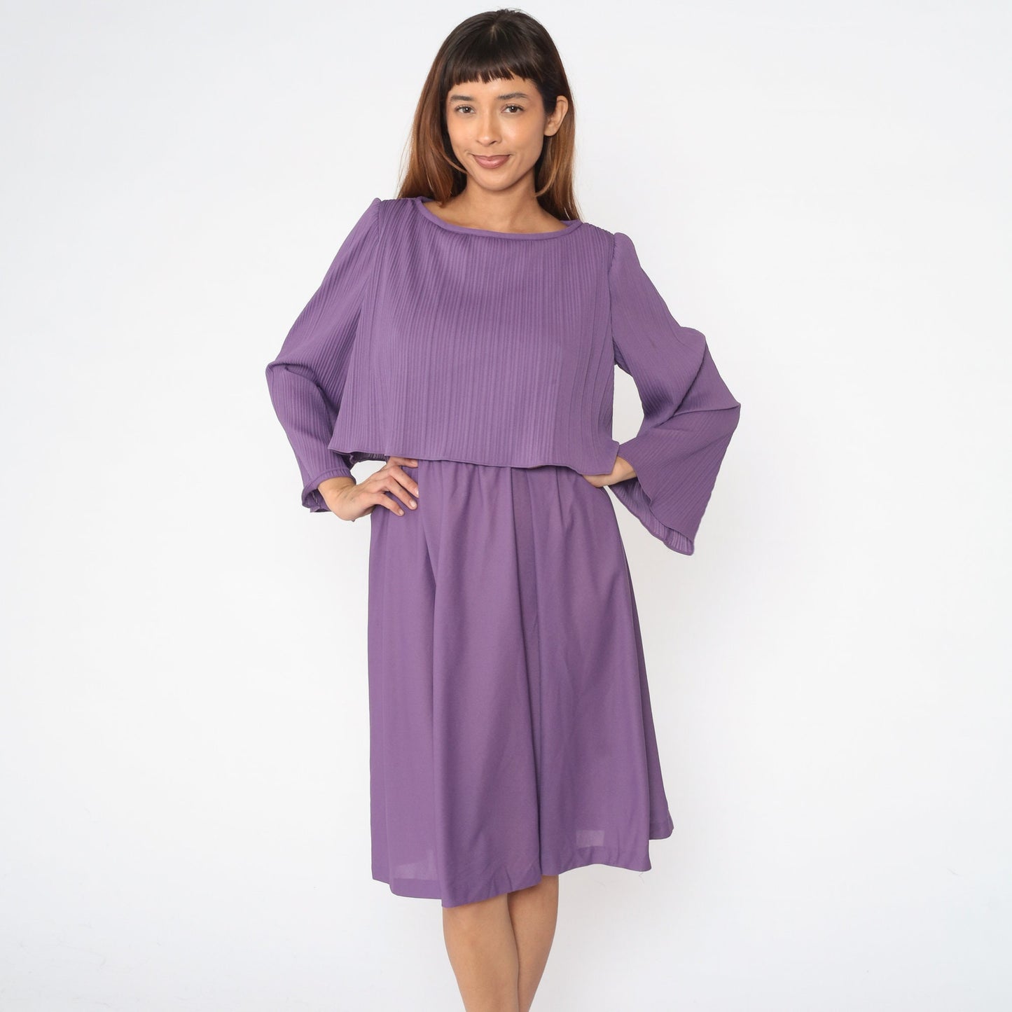 70s Purple Midi Dress Knife Pleated High Waist Bell Sleeve Small Medium