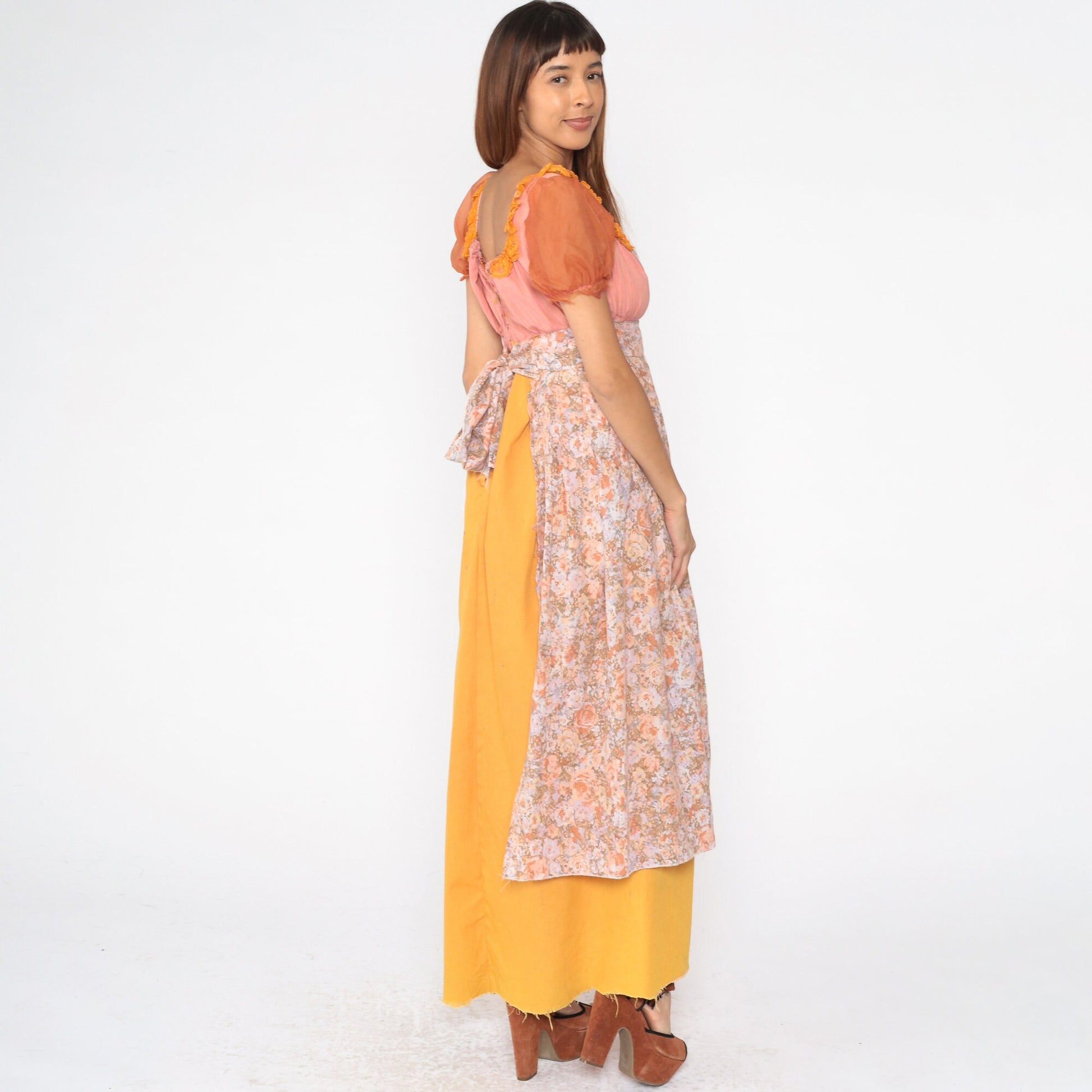 1970s Floral Maxi Dress Puff Sleeve Empire Waist Pink Orange Striped Small