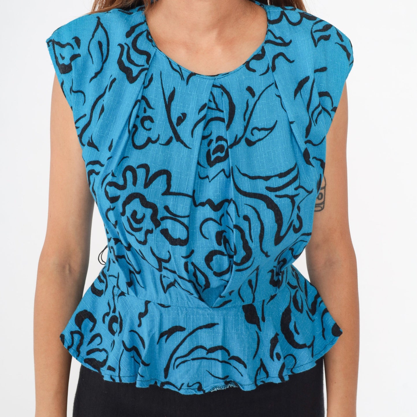 80s Floral Peplum Dress Blue Abstract Print Black Pencil Midi Small