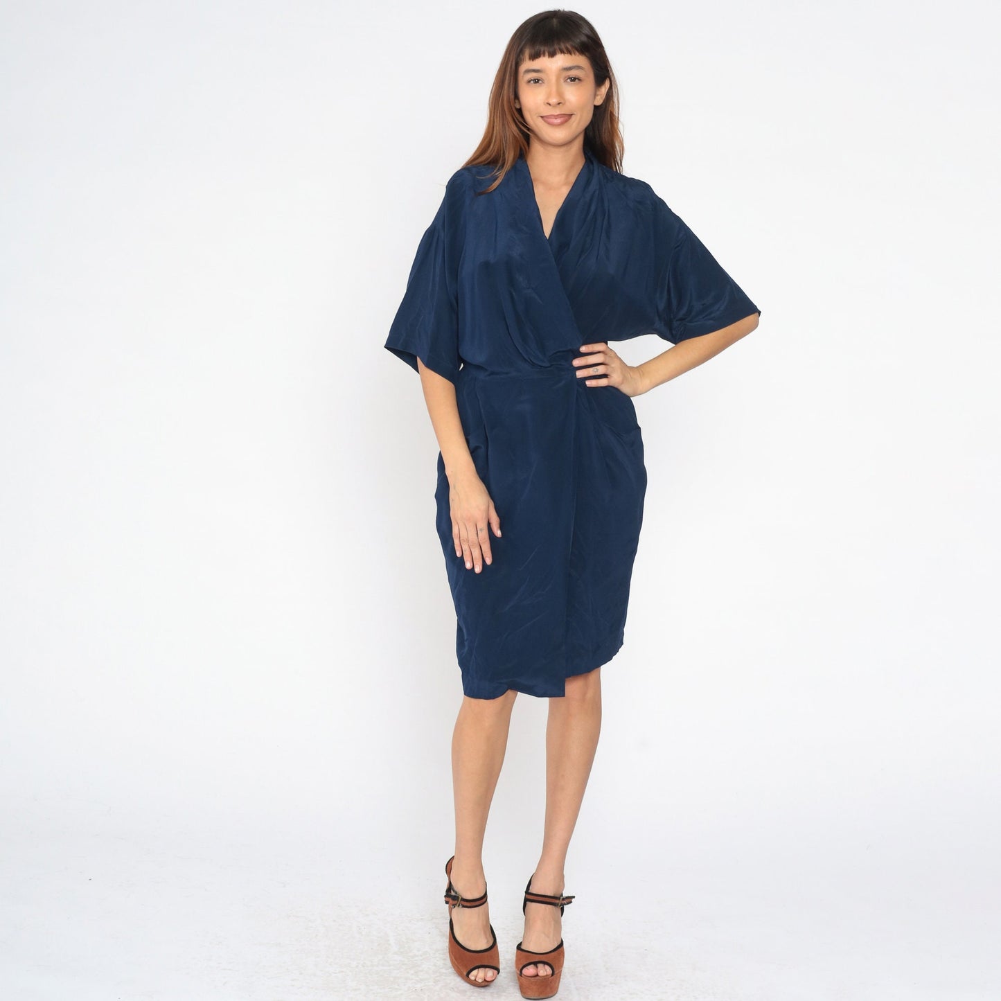 90s Navy Silk Wrap Dress Midi V-Neck High Waist Half Sleeve Small