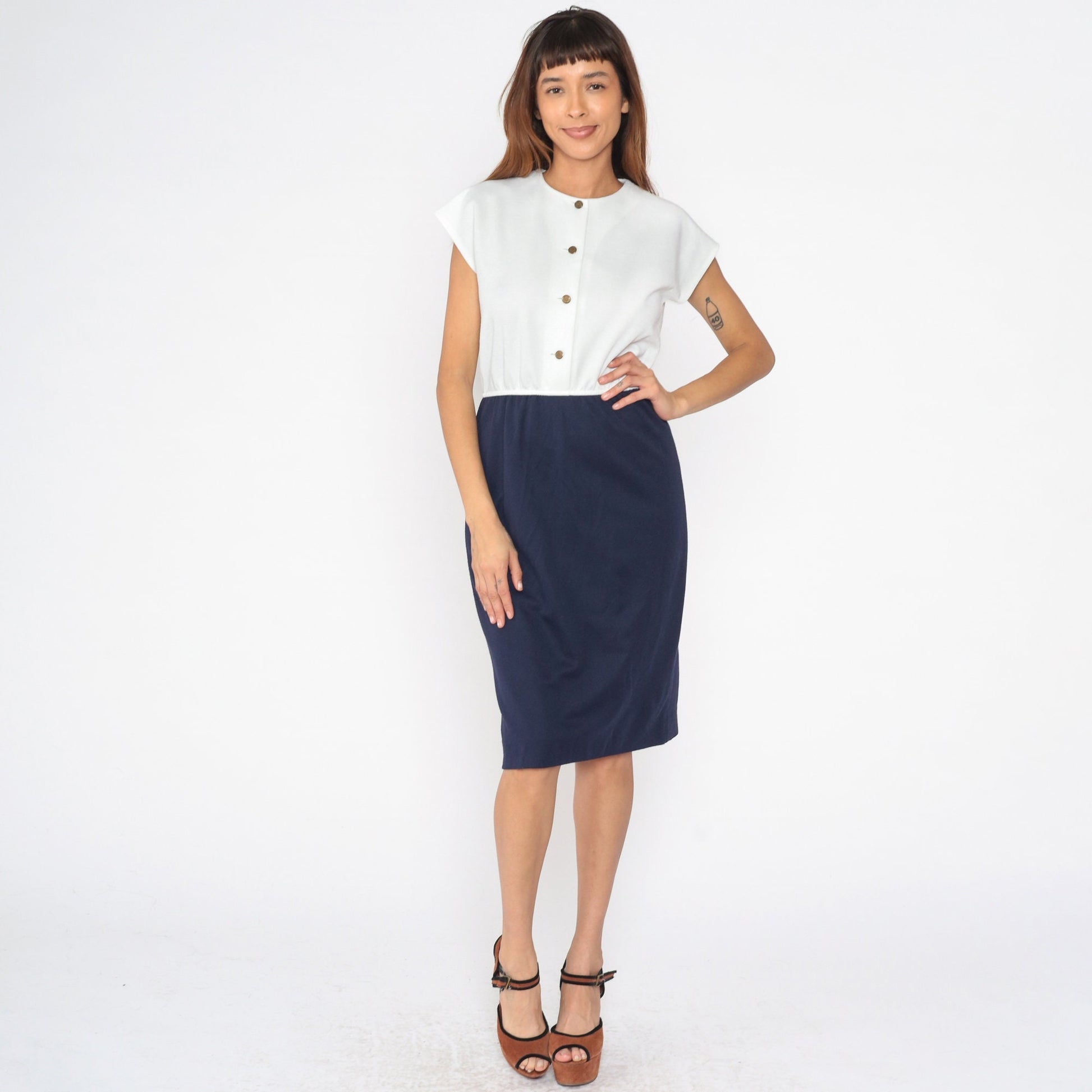 80s Leslie Fay Navy White Button-Up Midi Dress Cap Sleeve Small