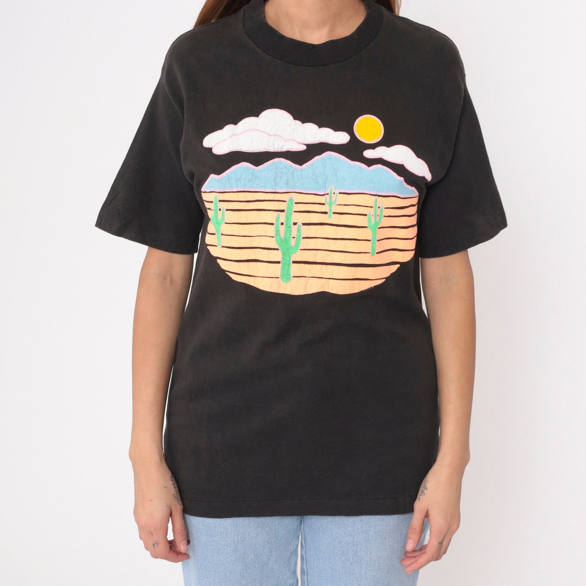 90s Southwest Desert Saguaro Cactus Graphic T-Shirt Black Single Stitch Medium