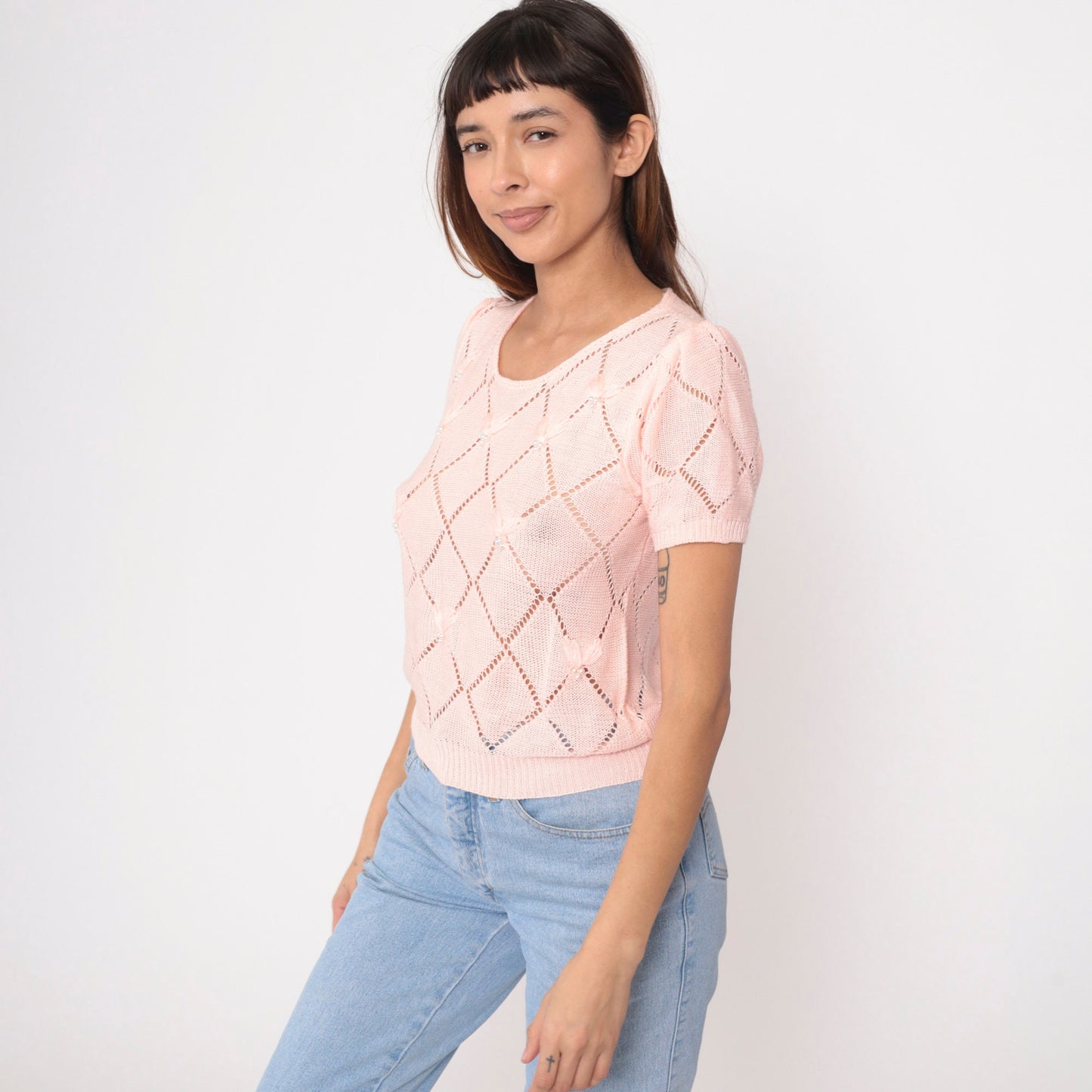 80s Baby Pink Pointelle Knit Top Pearl Beaded Puff Sleeve Cutout Small